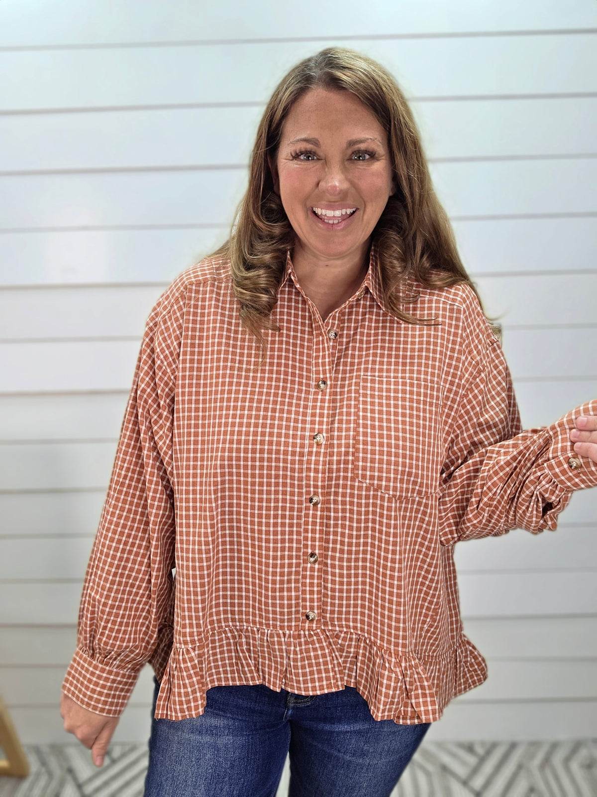 CHESTNUT PLAID BUTTON DOWN RUFFLE TOP