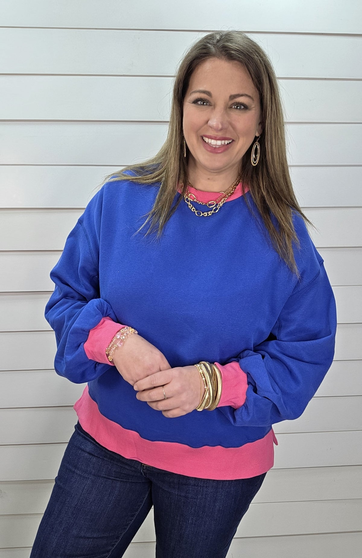 BLUE/HOT PINK TRIM PULLOVER
