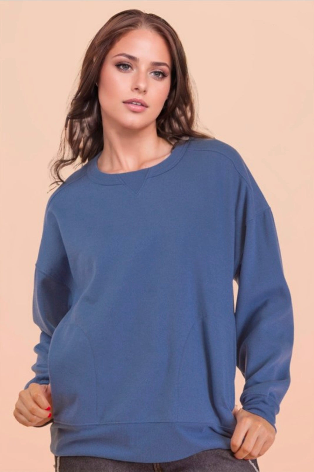 DENIM BLUE CREW NECK PULLOVER W/ SIDE POCKETS