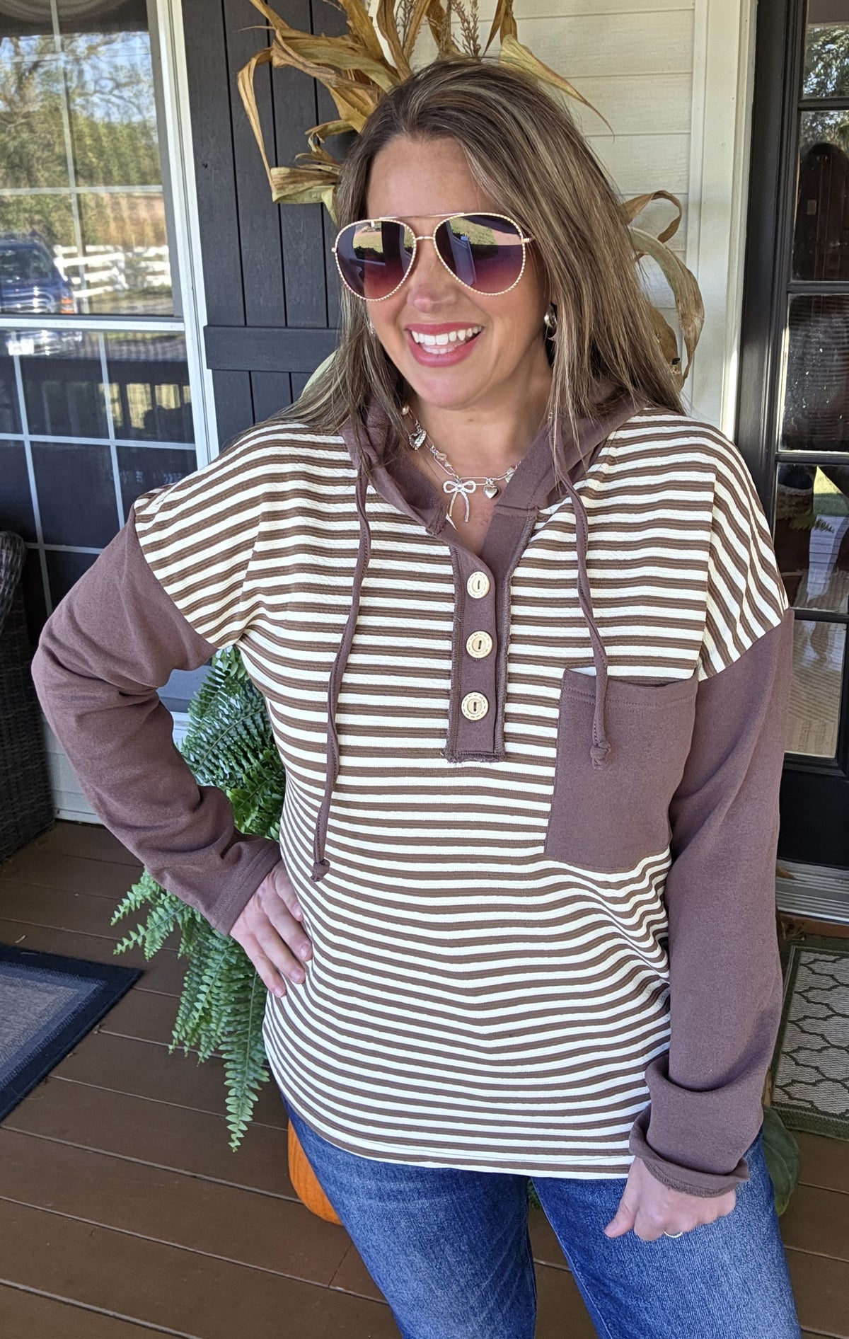 BROWN STRIPED CONTRAST KNIT BUTTON TRIM HOODIE