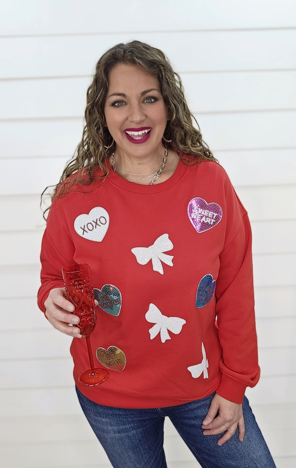 RED CONVERSATION HEART/BOW PULLOVER