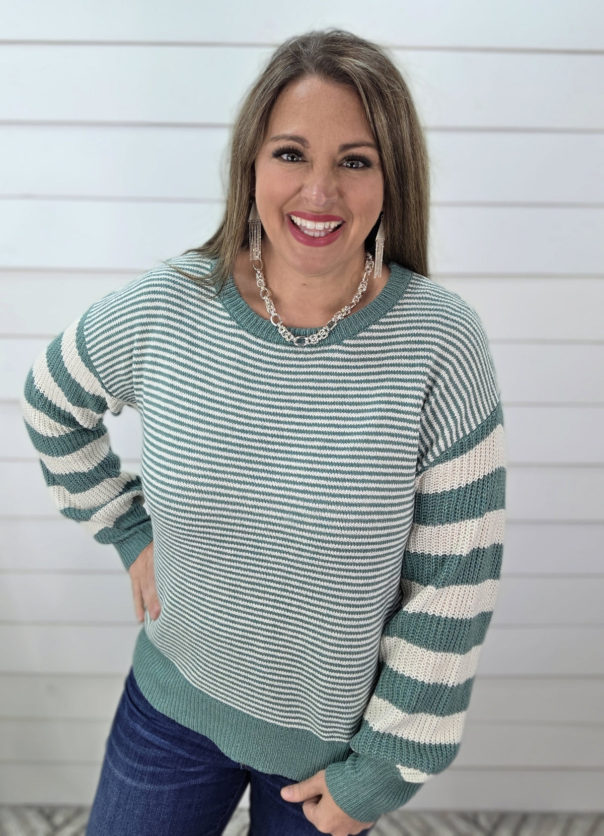 TEAL MIXED STRIPED PULLOVER SWEATERh
