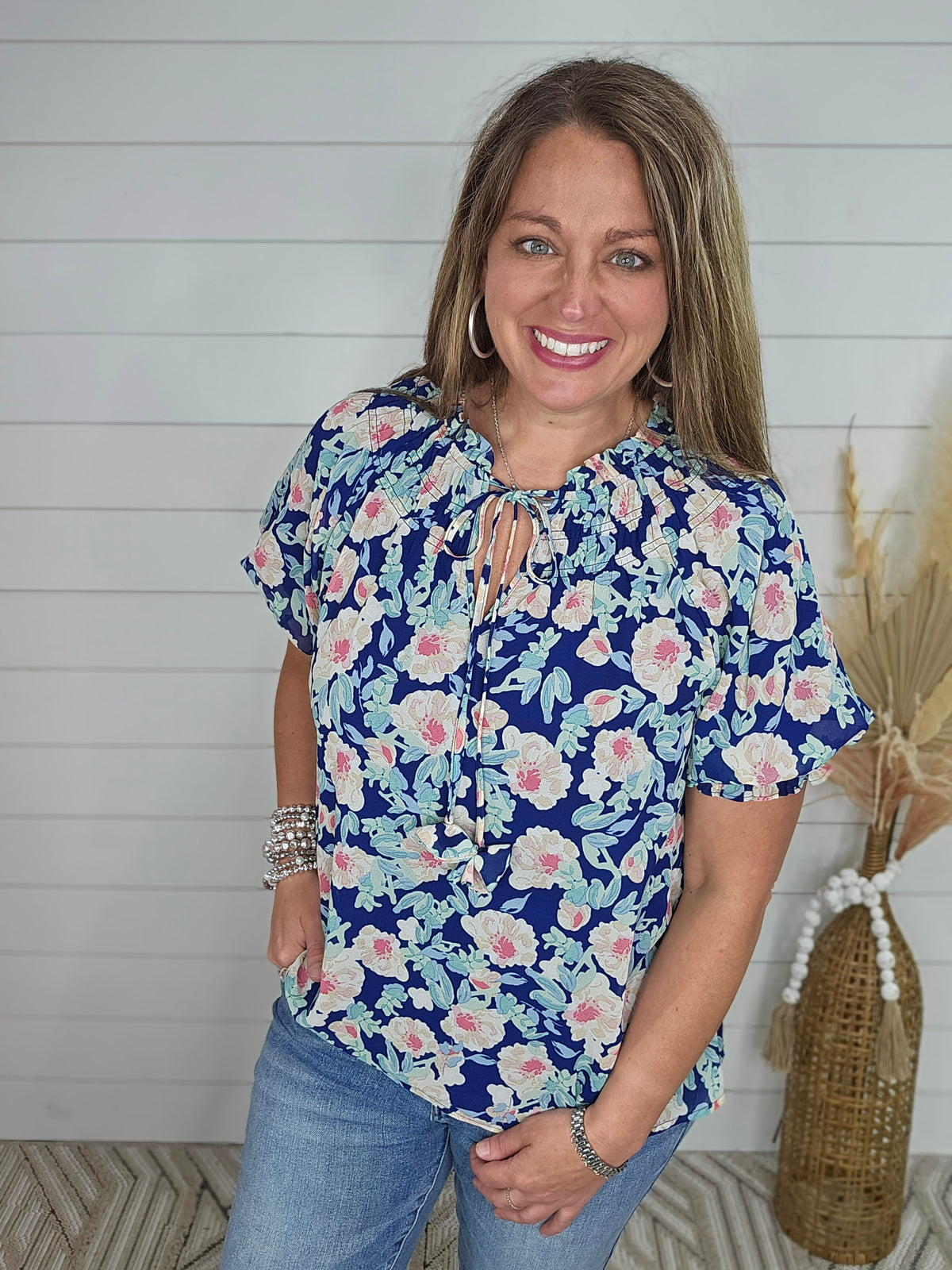 NAVY FLORAL PEASANT TIE TOP