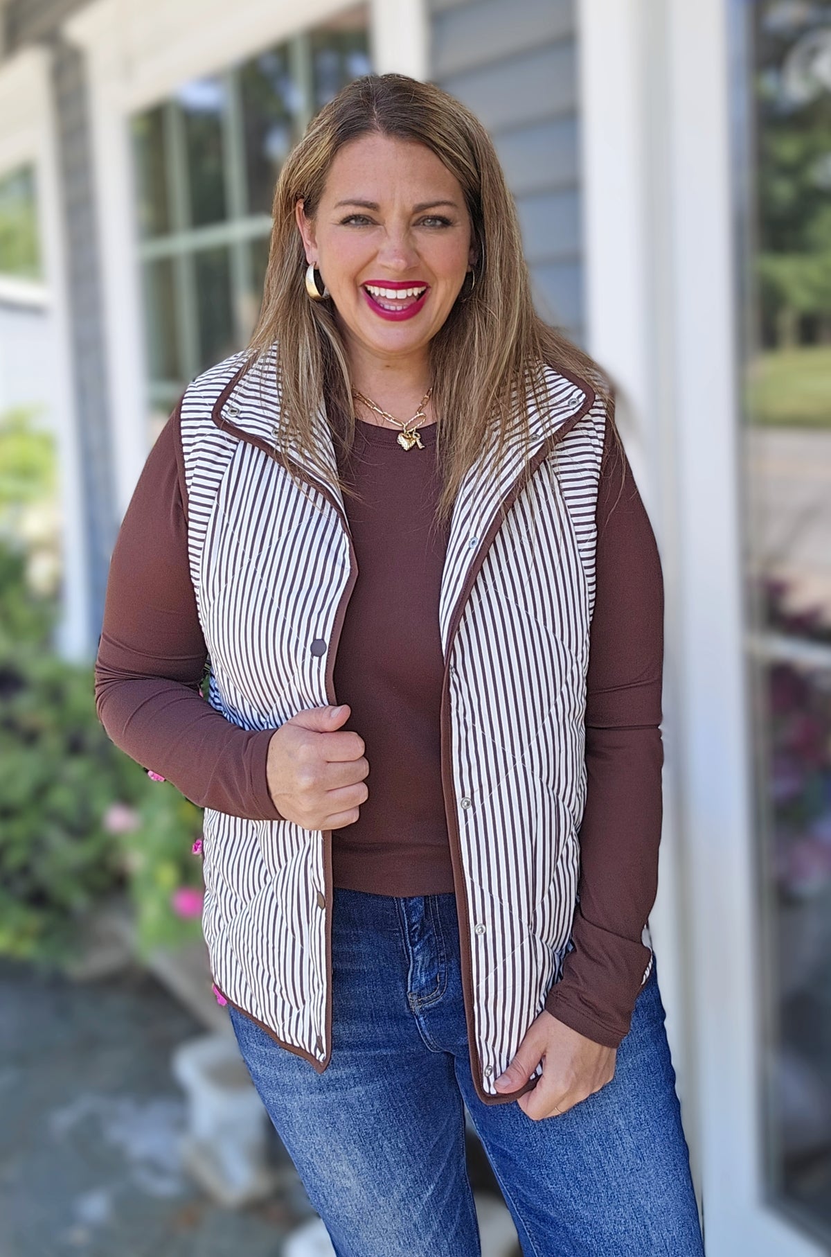 BROWN AND WHITE PINSTRIPED SNAP BUTTON VEST