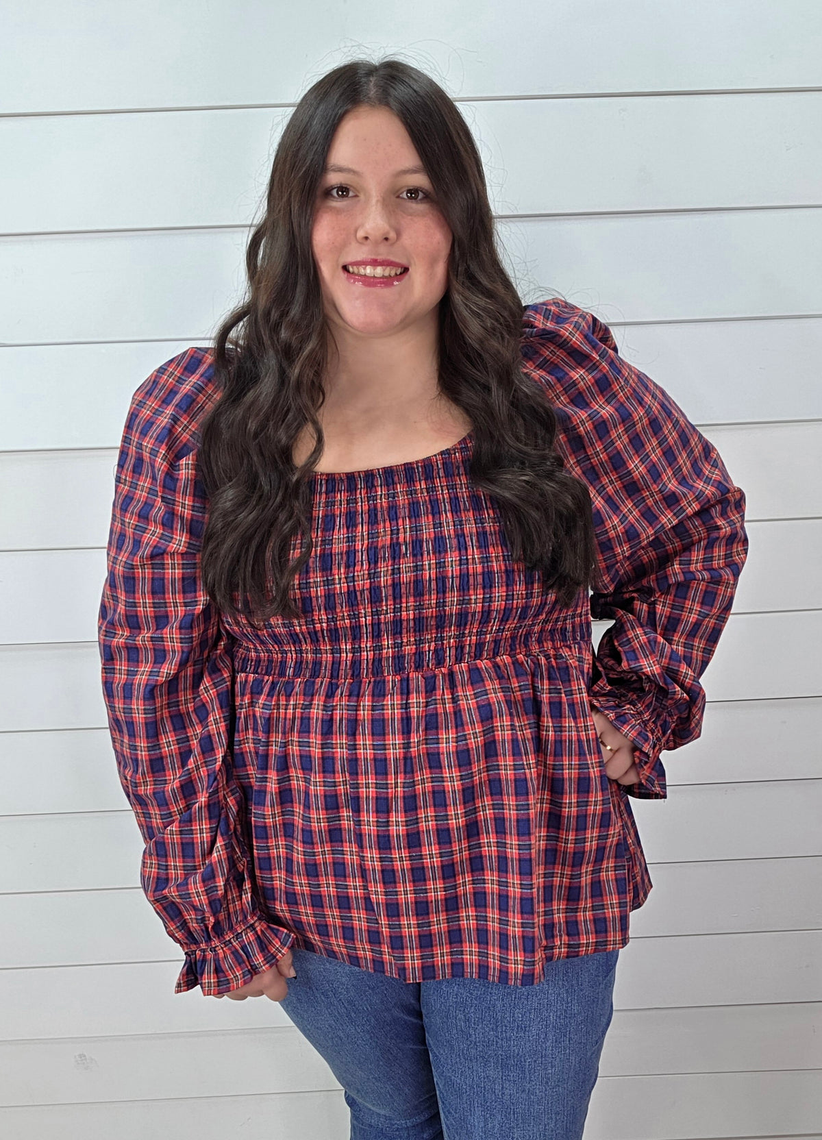 RED/BLUE PLAID SMOCKED TOP PEPLUM TOP