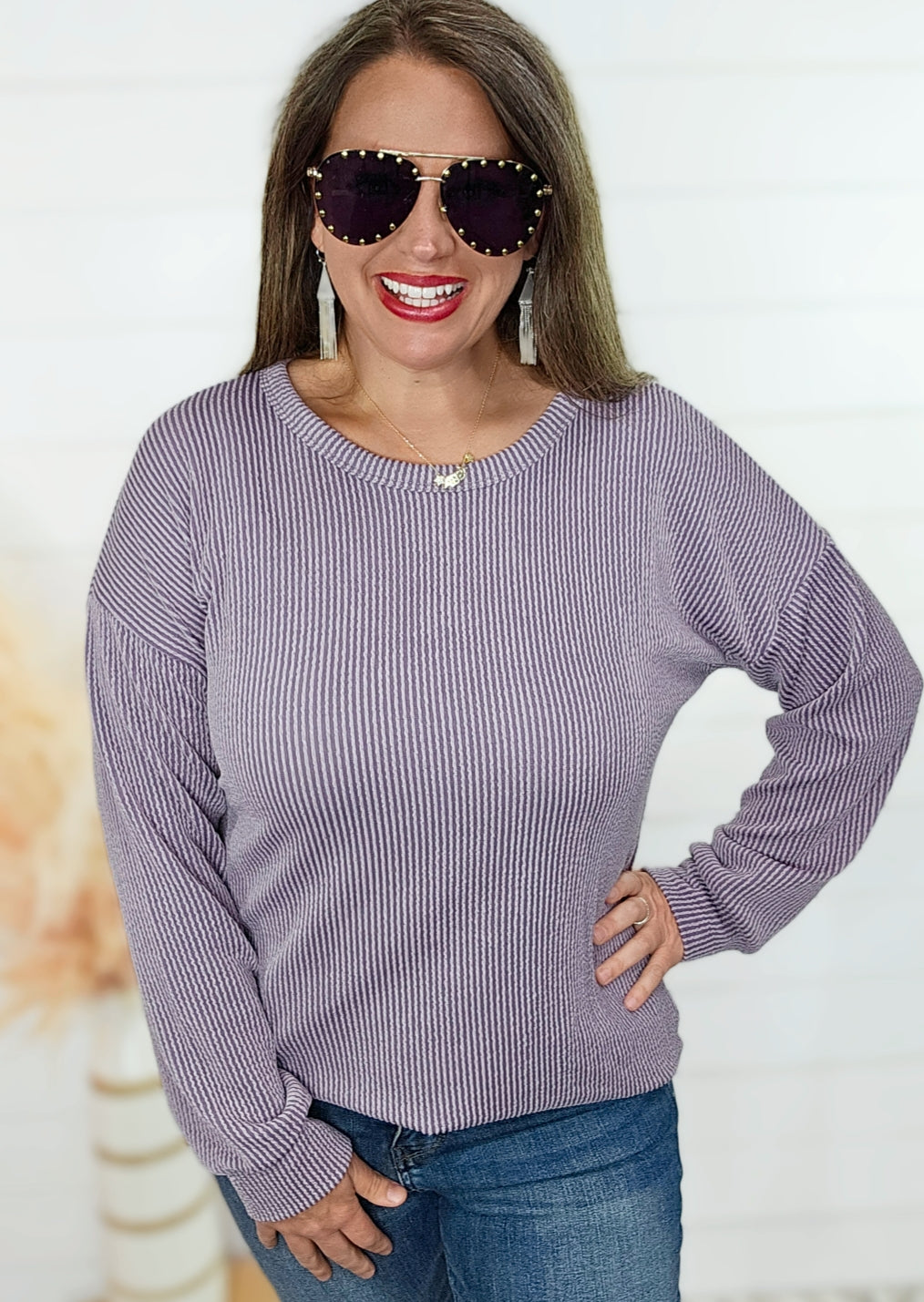 DUSTY LAVENDER RASIED RIBBED LONG SLEEVE TOP