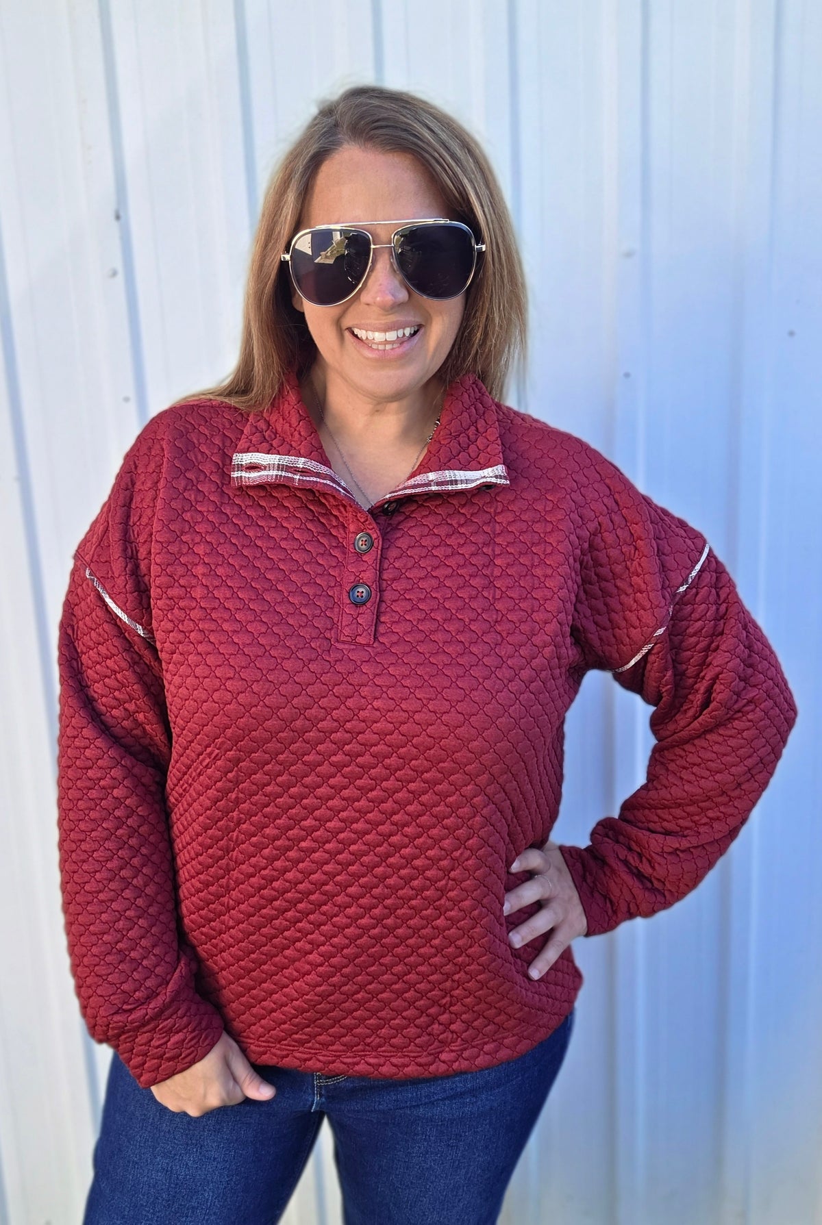 BURGUNDY QUILTED Henley Mock Neck, Drop Shoulder PLAID CONTAST PULLOVER