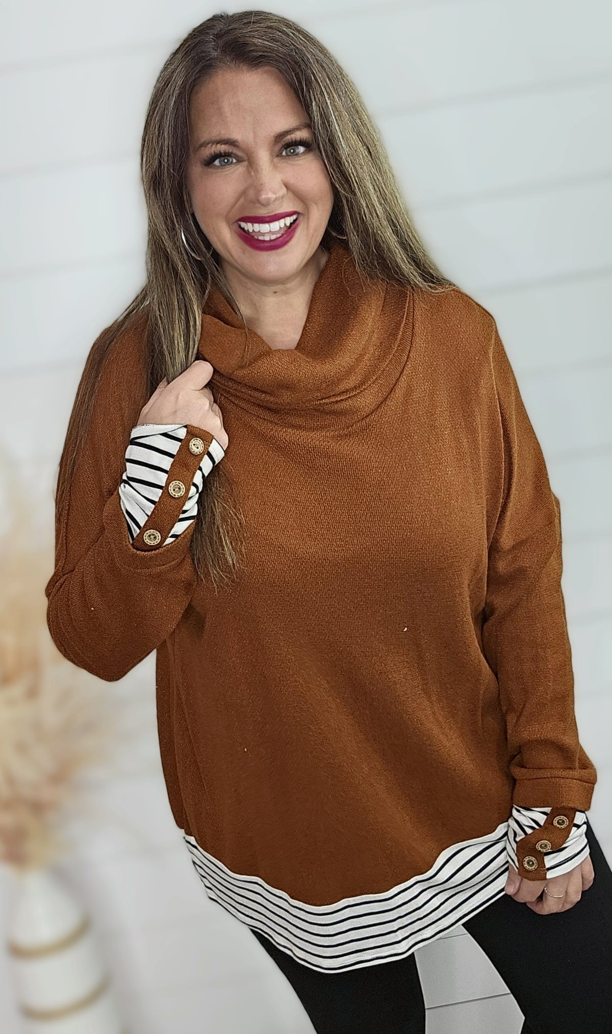 RUST COWL NECK WITH STRIPED AND BUTTON CONTRAST