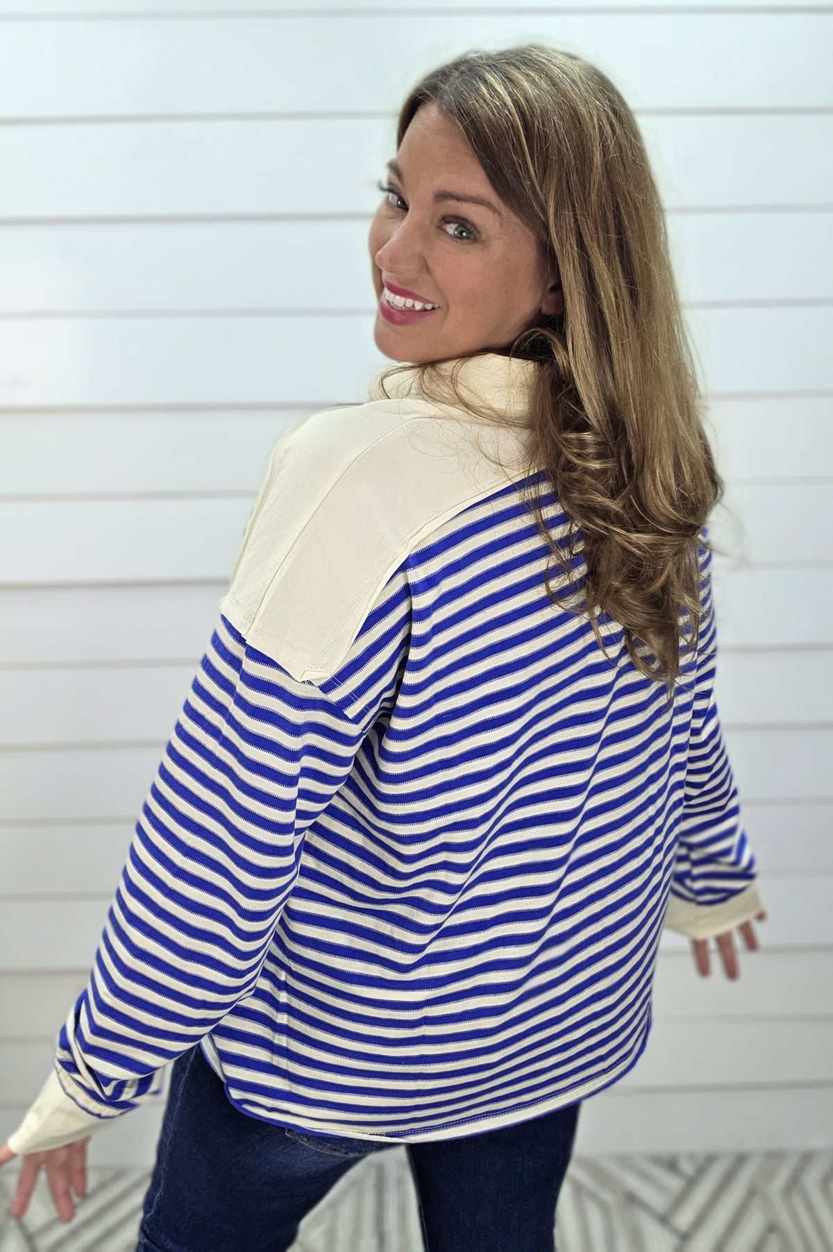 BLUE LOOSER FIT STRIPED LONG SLEEVE TOP