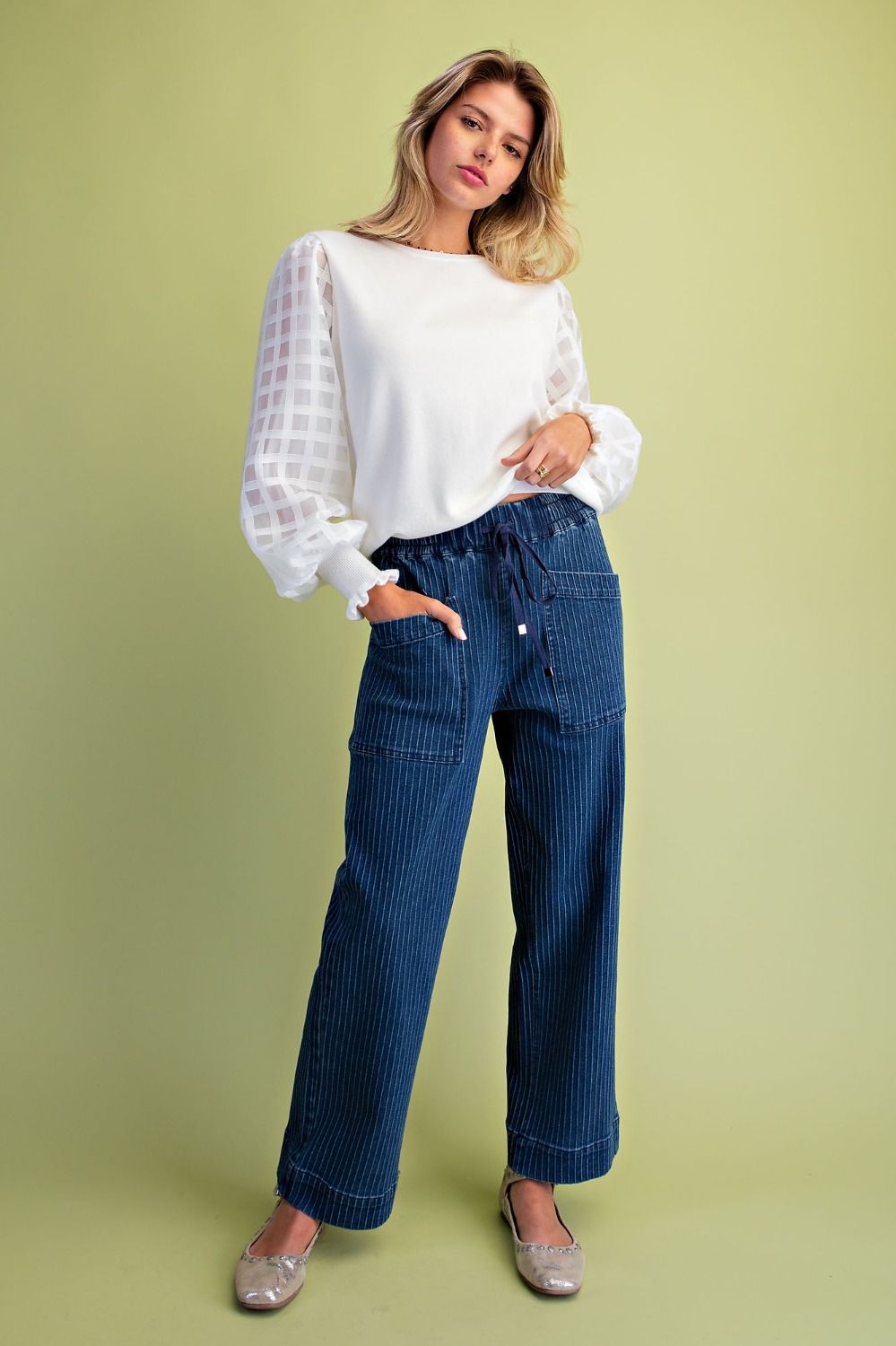 DENIM JOGGER WIDE LEG TEXTURED PIN STRIPED JEANS