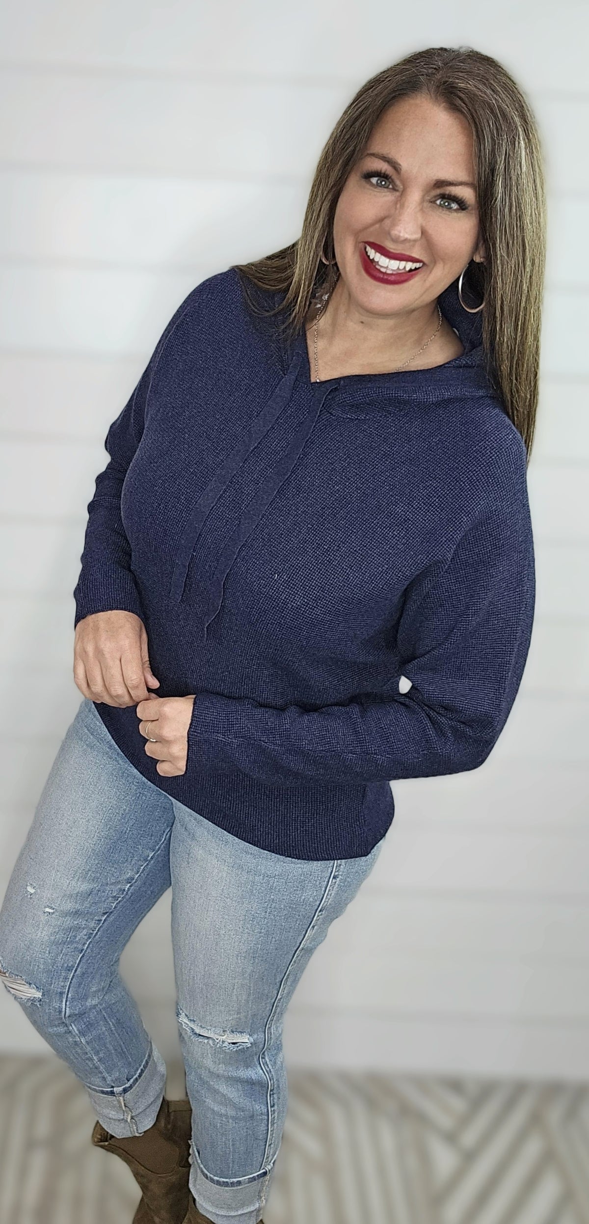 NAVY MINI WAFFLE TEXTURE DOLMAN HOODIE