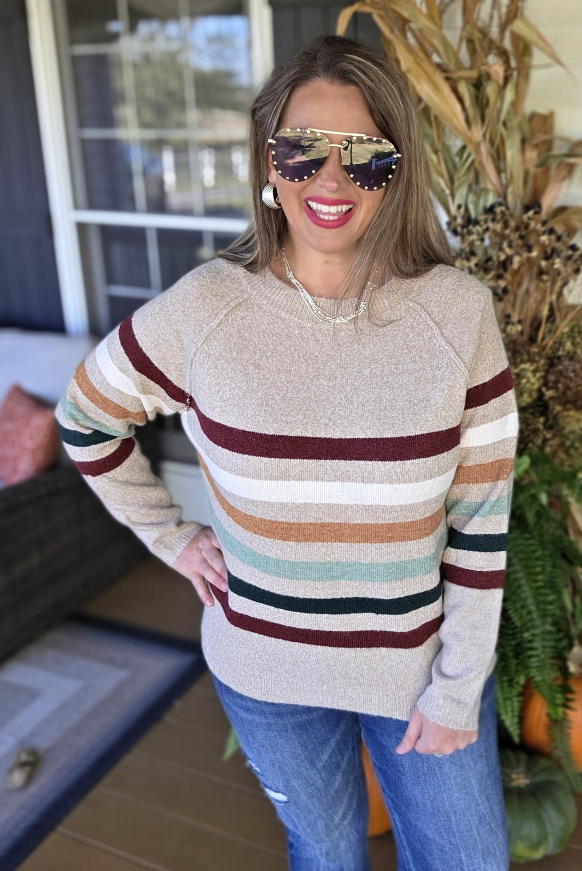 TAUPE MULTI STRIPE KNIT CREW NECK LIGHT WEIGHT SWEATER