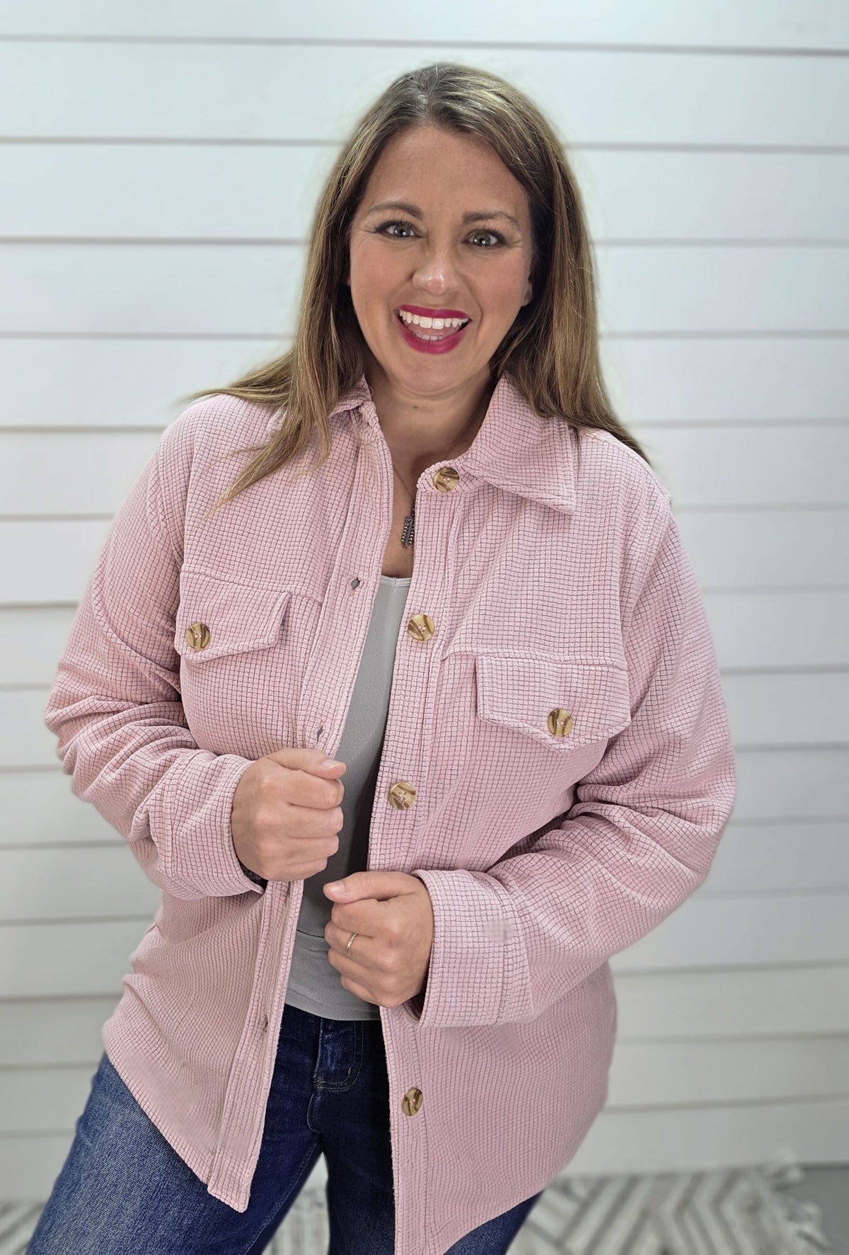 DUSTY PINK RAISED BRUSHED CHECKED TEXTURE BUTTON DOWN KNIT TOP