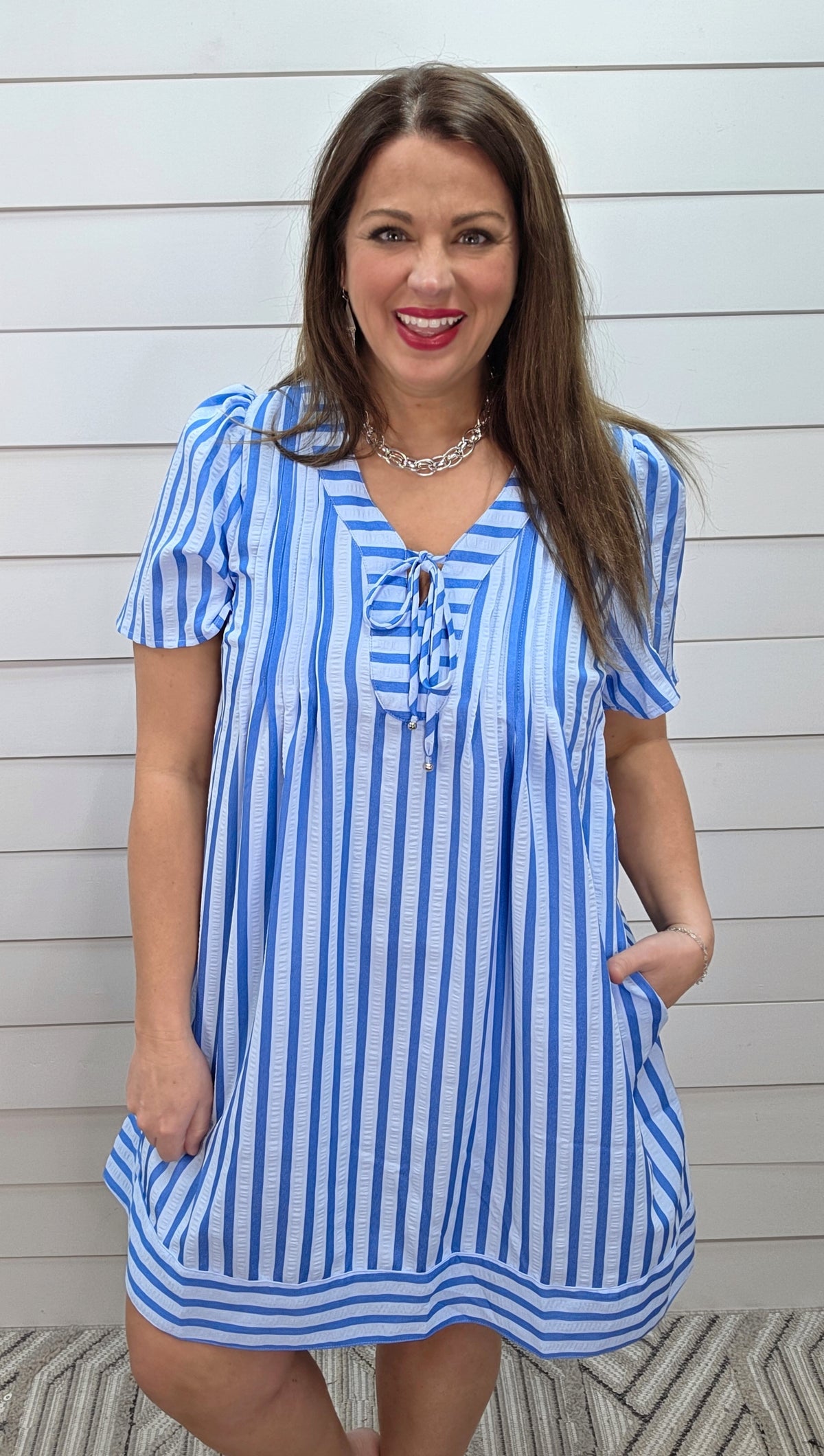 BLUE VERTICAL STRIPED PEASANT TIE DRESS W/ POCKETS