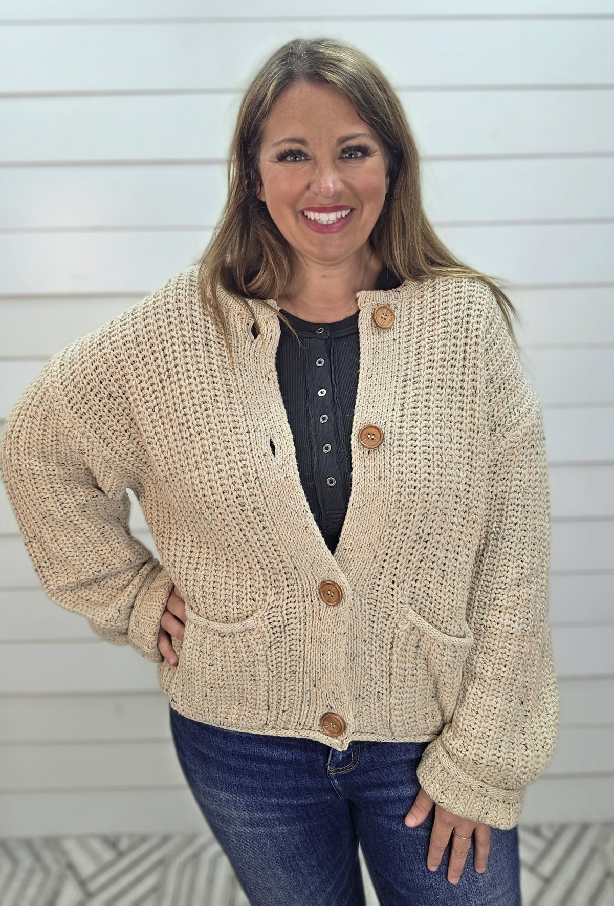 TAUPE Marled Button Down Raw Edge Chunky Knit Cardigan