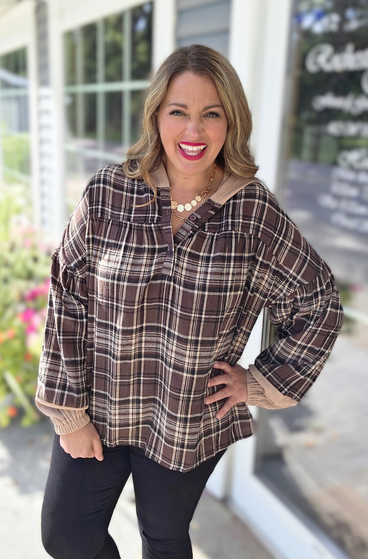 BROWN PLAID LONG SLEEVE HOODED TOP