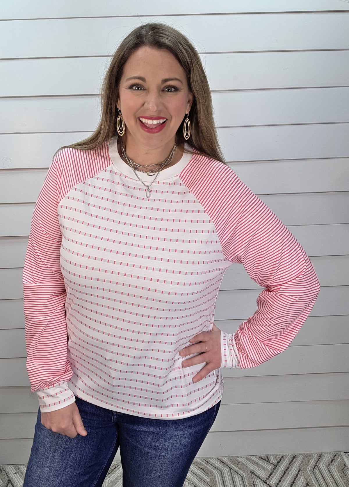 PINK/WHITE STRIPED PRINTED TOP