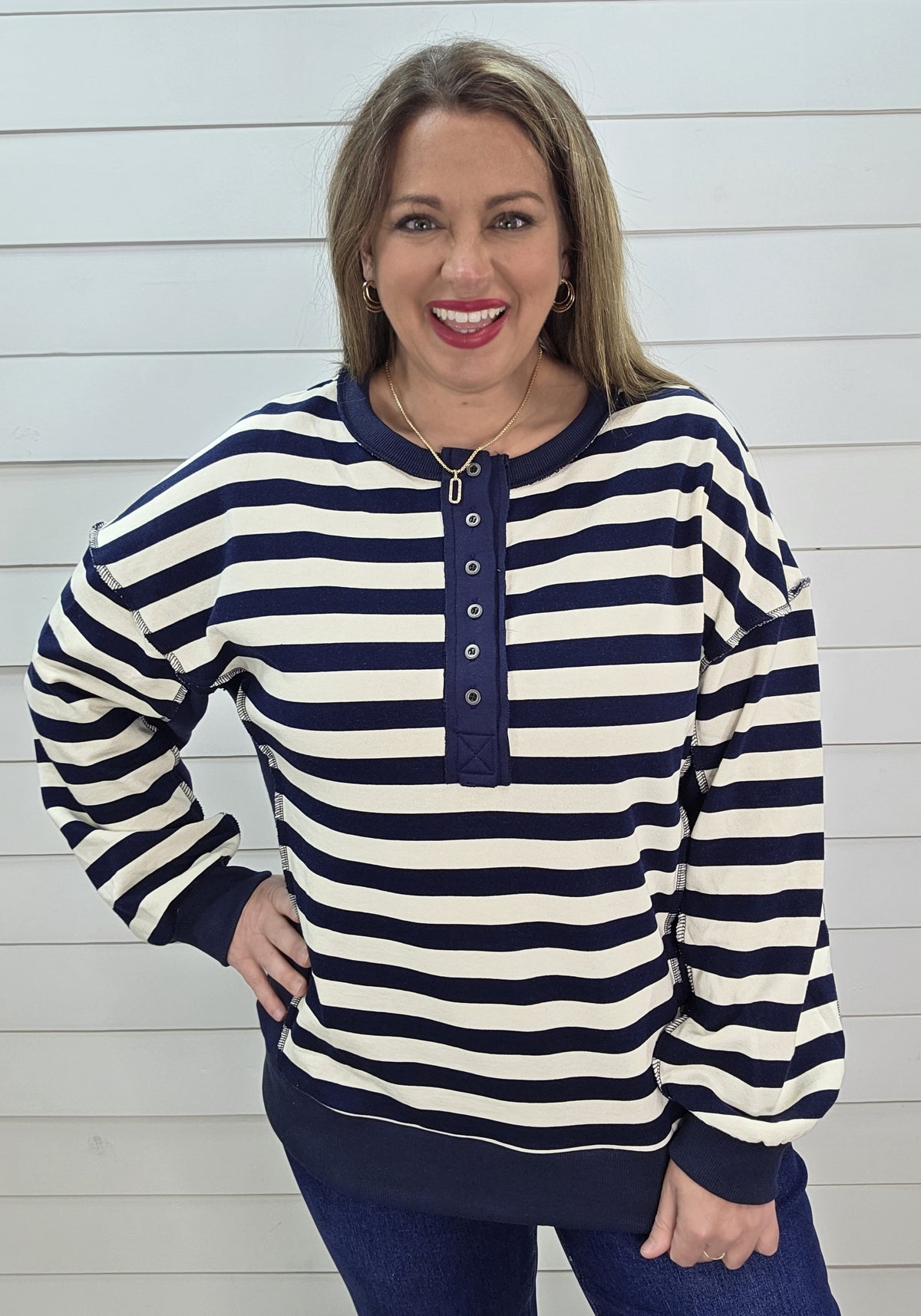 NAVY/CREAM STRIPED CONTRAST FRENCH TERRY PULLOVER