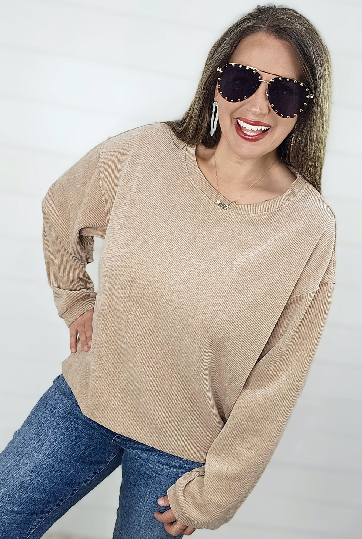 NATURAL SARAH CORDED CREW NECK