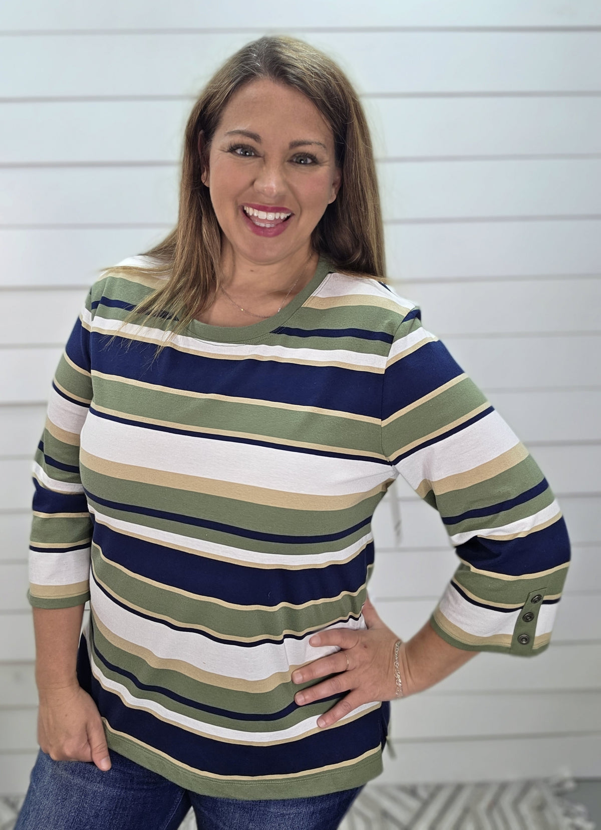 OLIVE/NAVY STRIPED 3/4 SLEEVE KNIT TOP