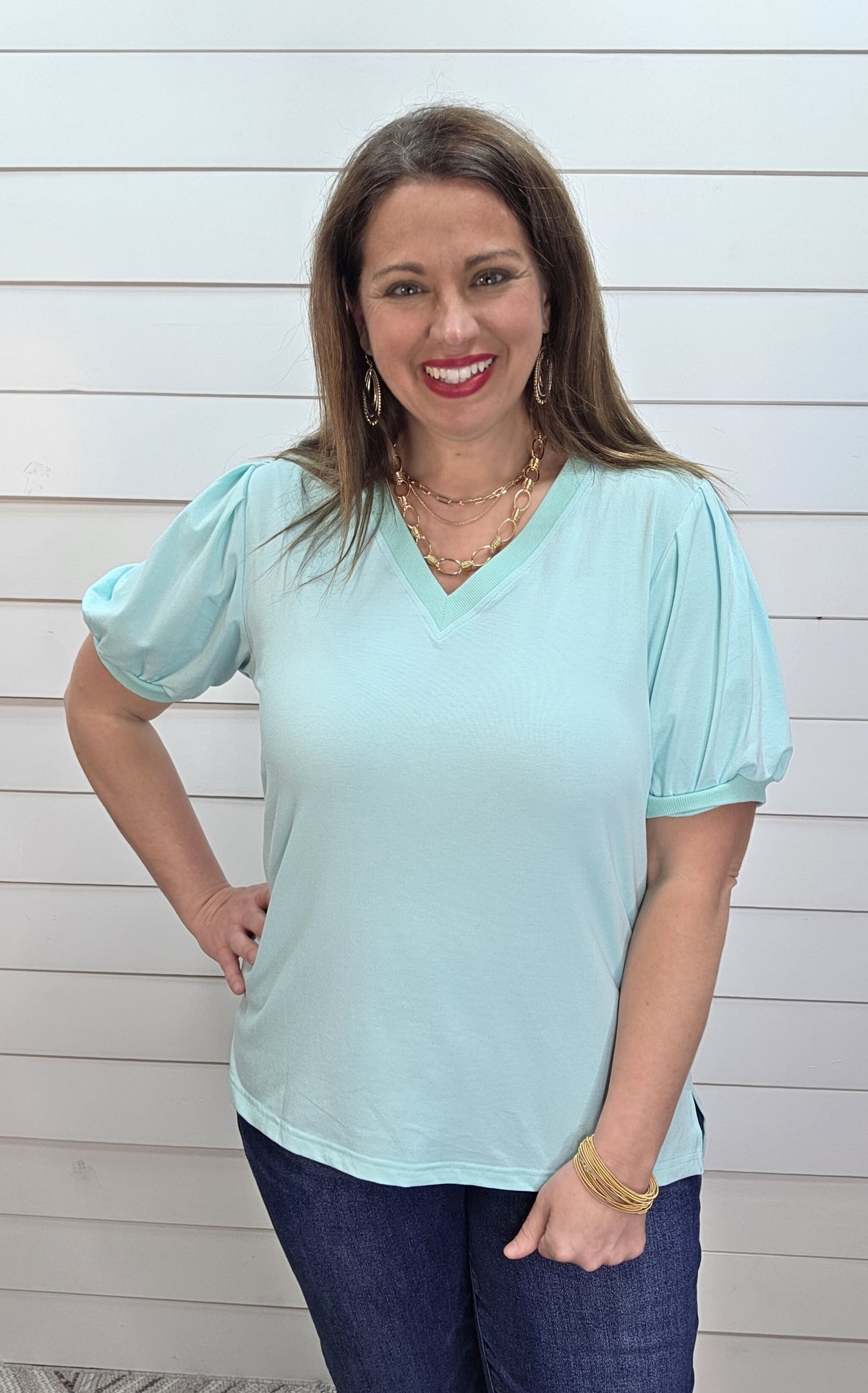 MINT V NECK PUFF SLEEVE KNIT TOP