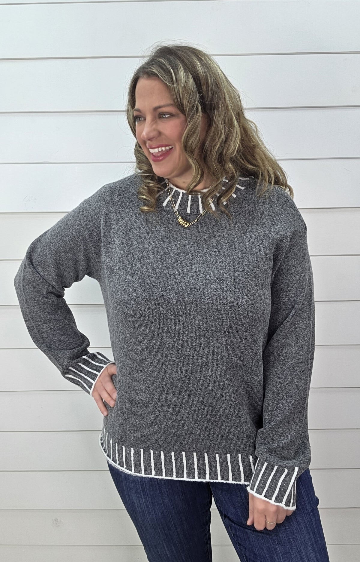 CHARCOAL FAUX STITCH KNIT PULLOVER SWEATER