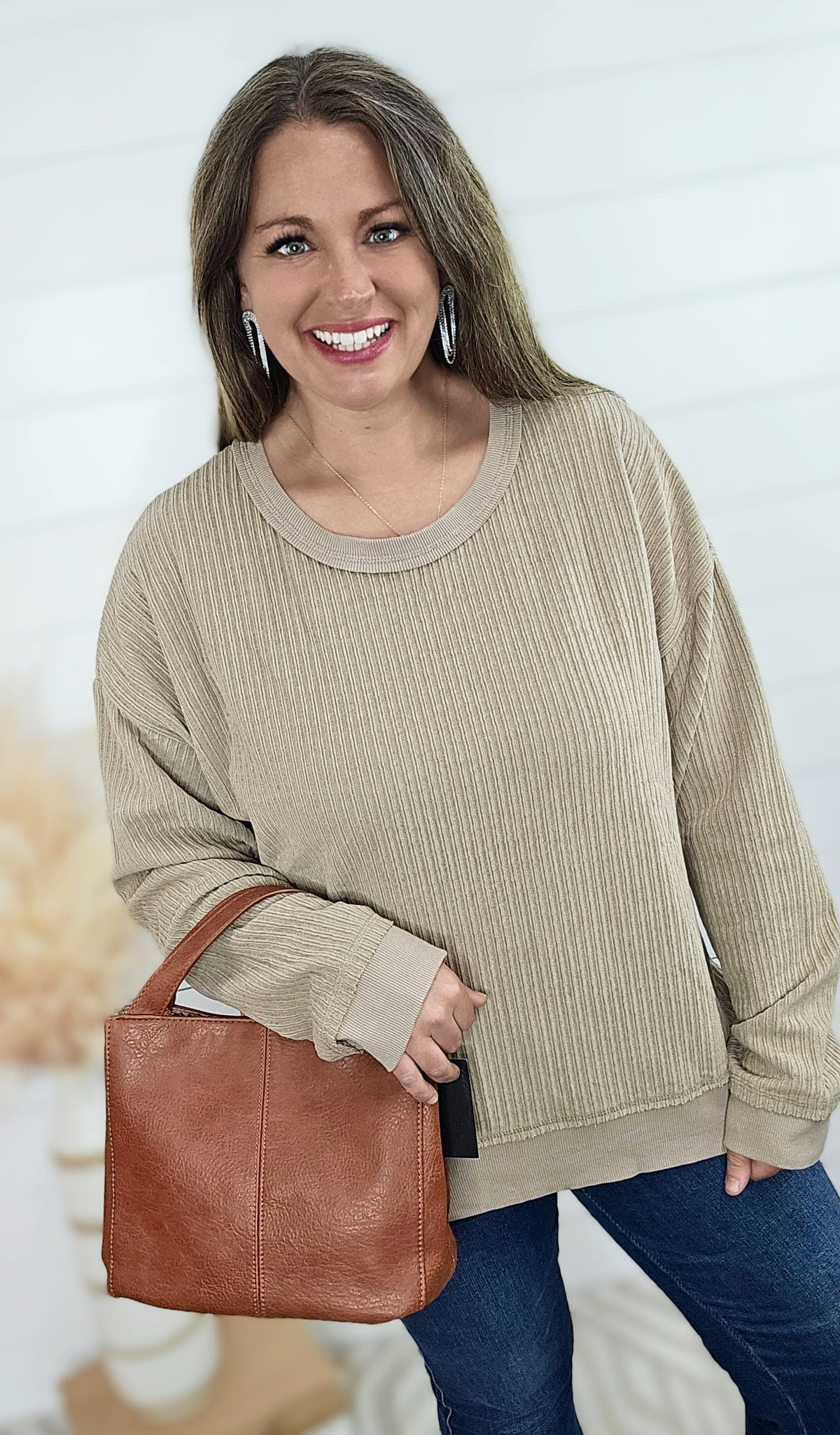 MOCHA TEXTURED CREW NECK PULLOVER