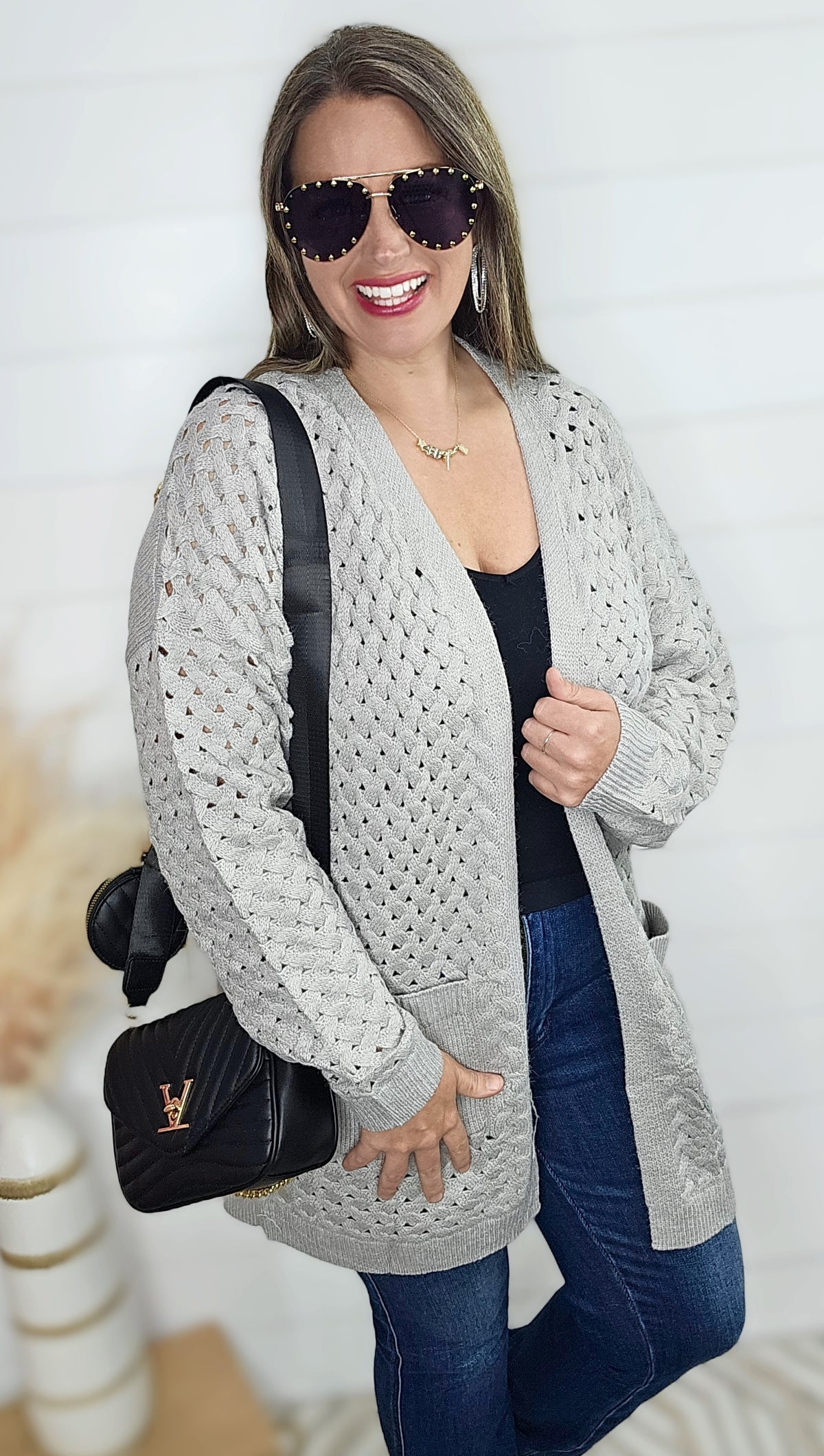 GREY OPEN WEAVE TEXTURE CARDIGAN