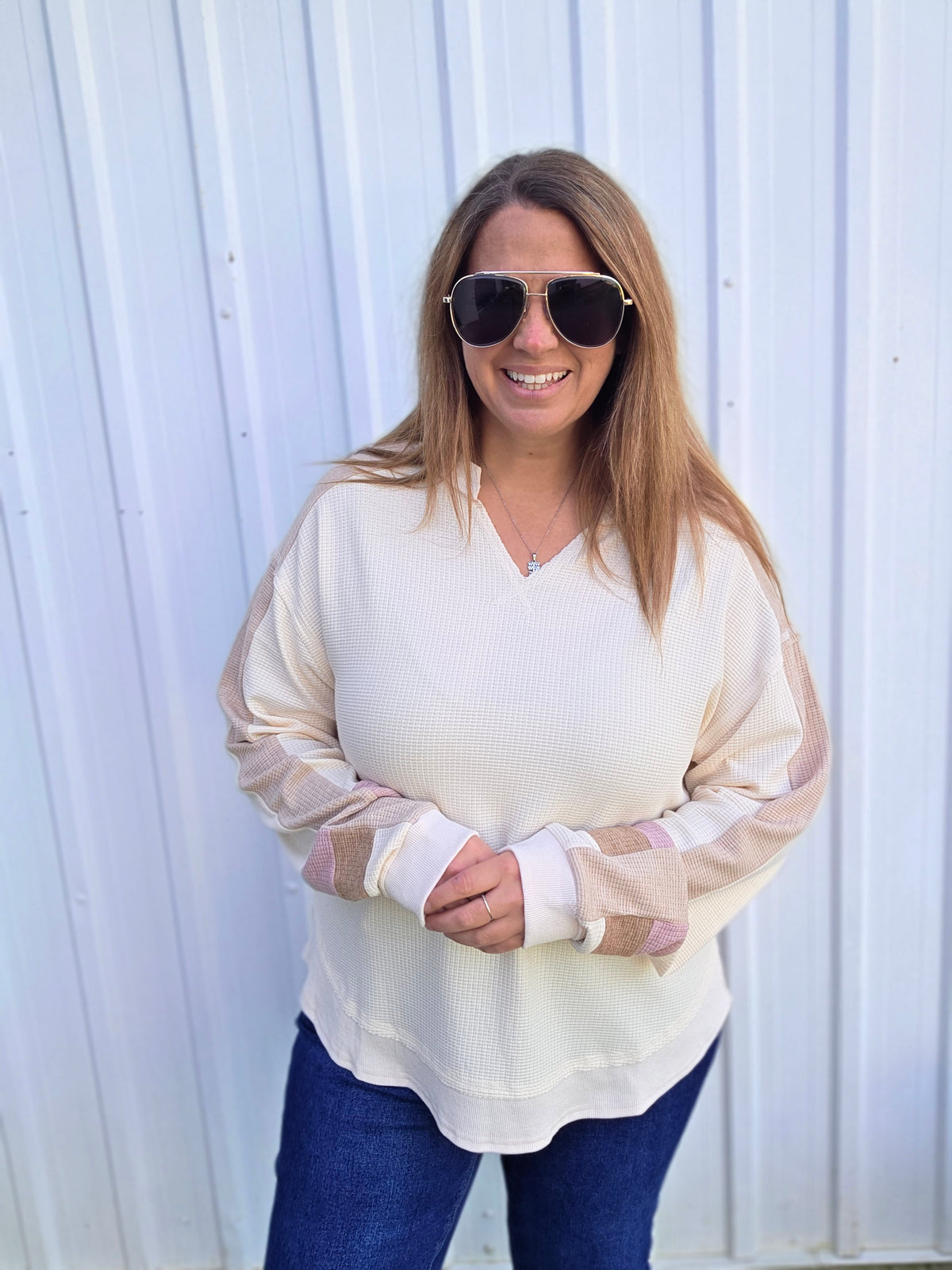 Natural Waffle Texture V Neck Knit top w/ Color Block Sleeves