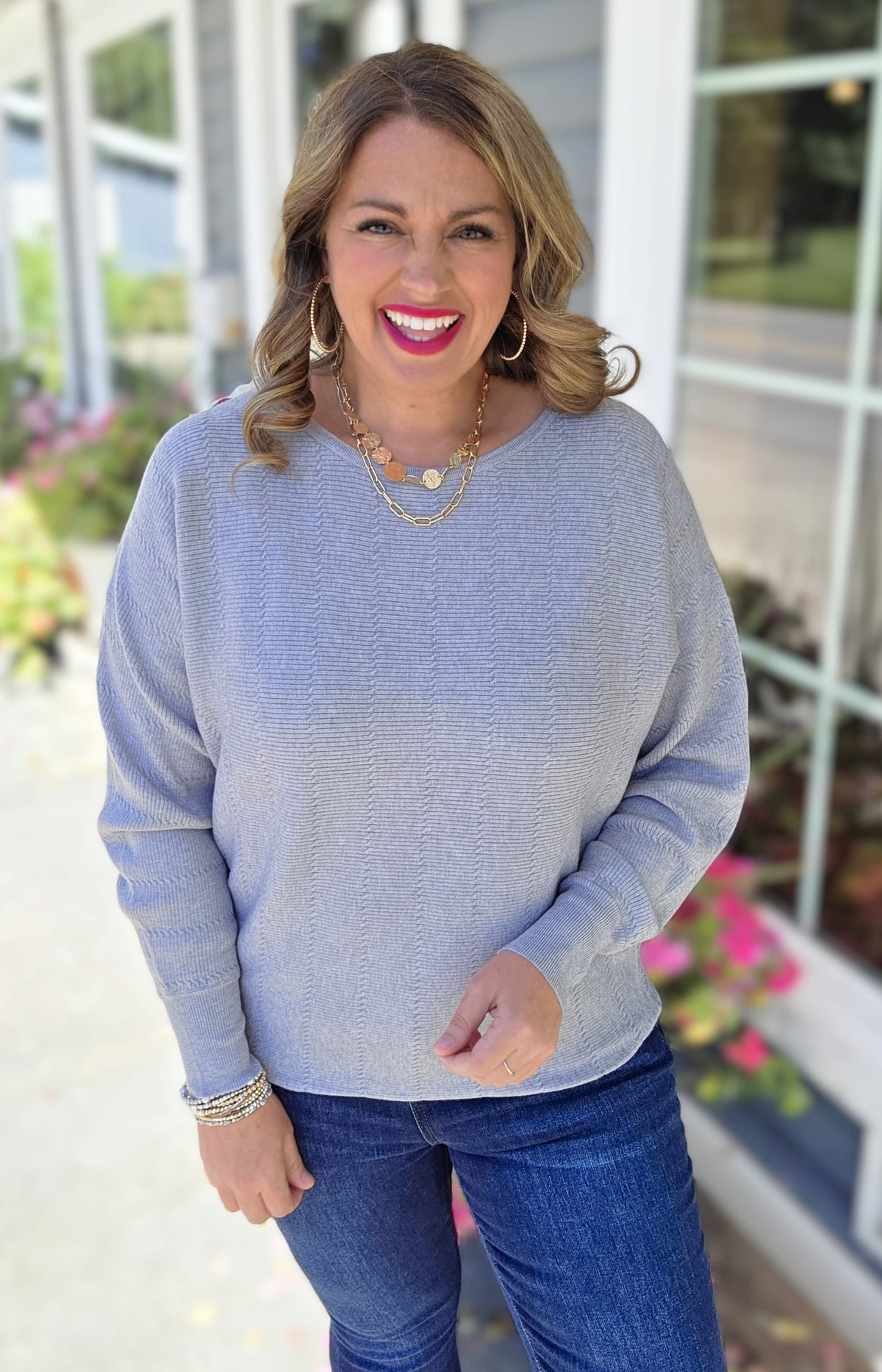 GREY TEXTURED DOLMAN SLEEVE BOAT NECK SWEATER