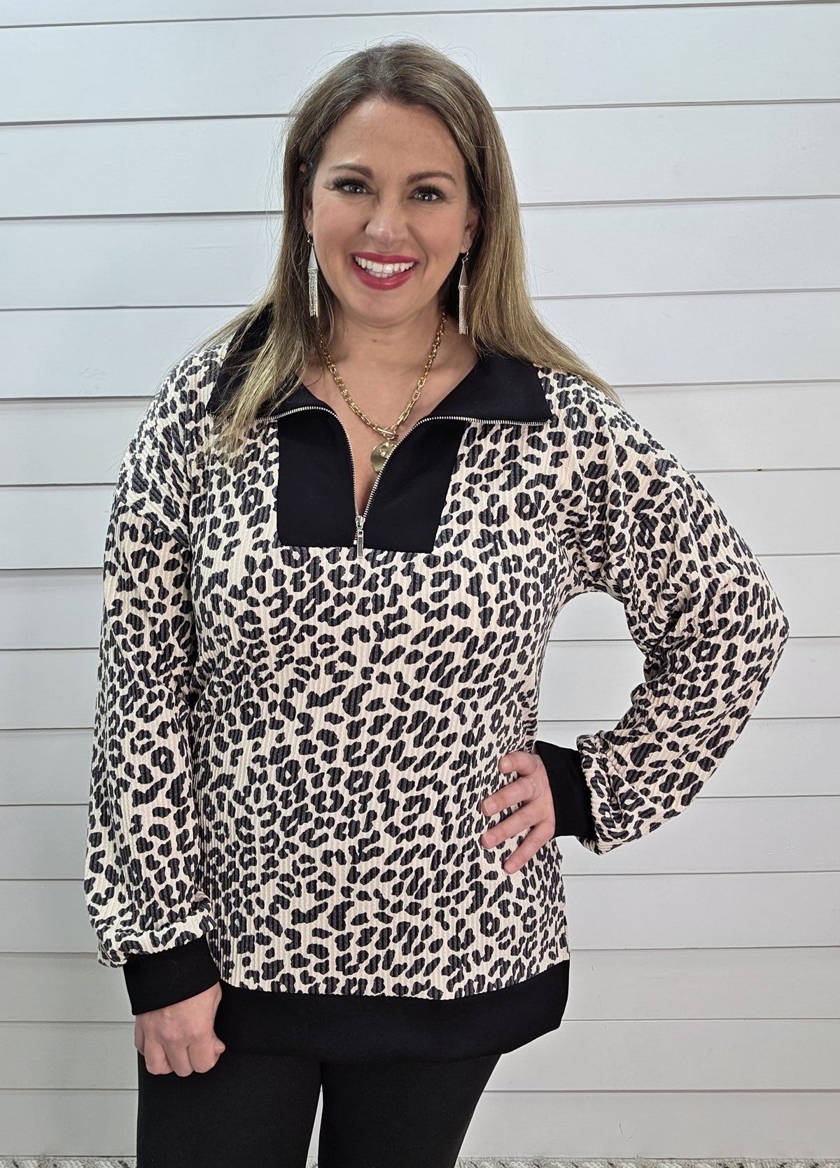 BEIGE/BLACK LEOPARD RAISED RIBBED QUARTER ZIP