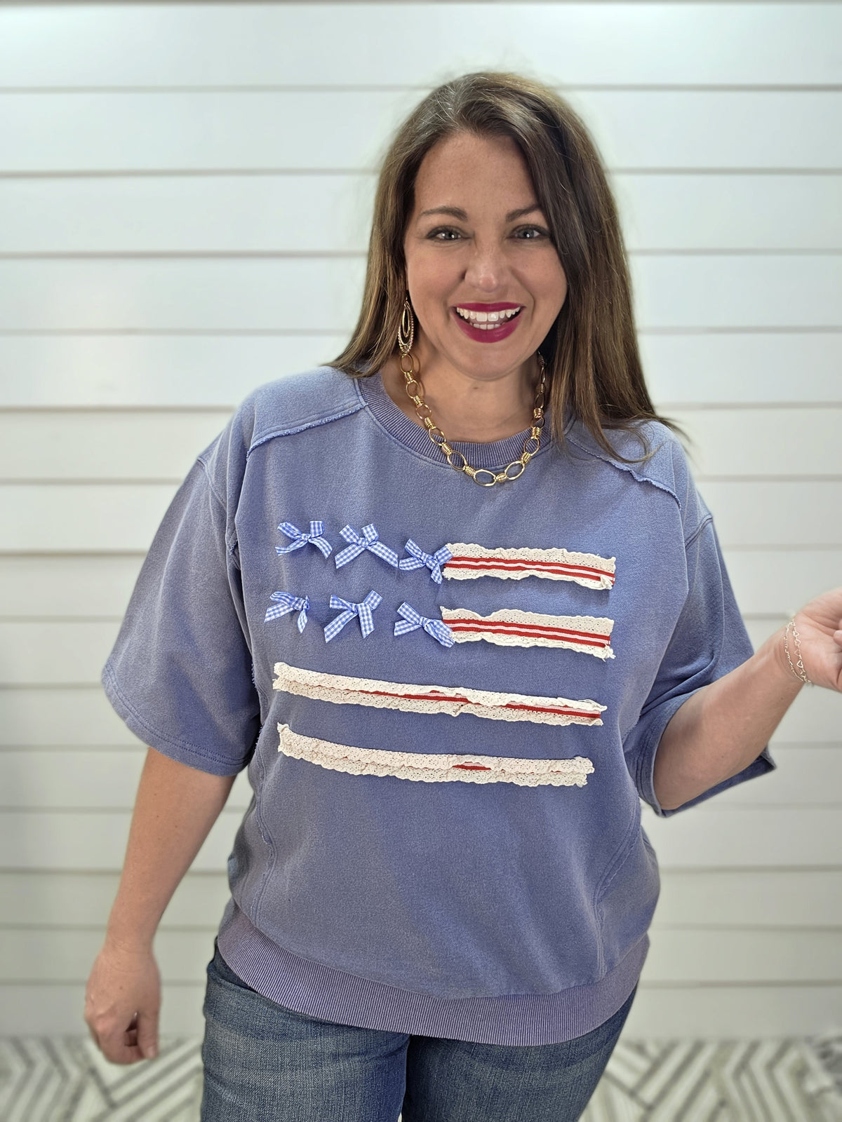 DENIM WASHED HALF SLEEVE FLAG FRENCH TERRY PULLOVER