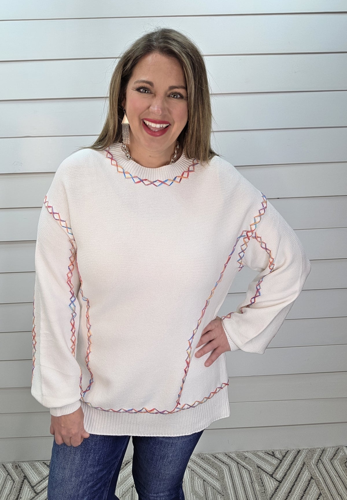 WHITE RAINBOW STITCH ULTRA SOFT SWEATER