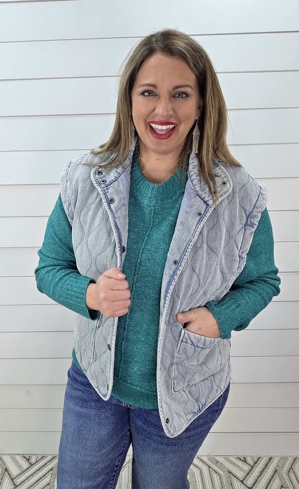 DENIM QUILTED BUTTON DOWN VEST