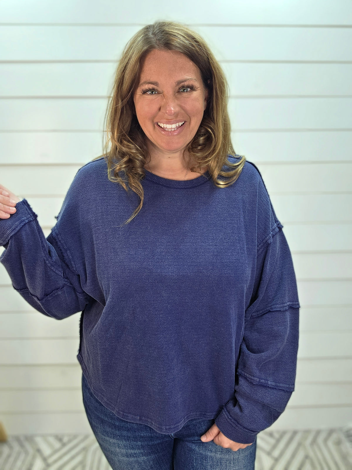 NAVY MINERAL WASH LONG SLEEVE KNIT FLOWY TOP