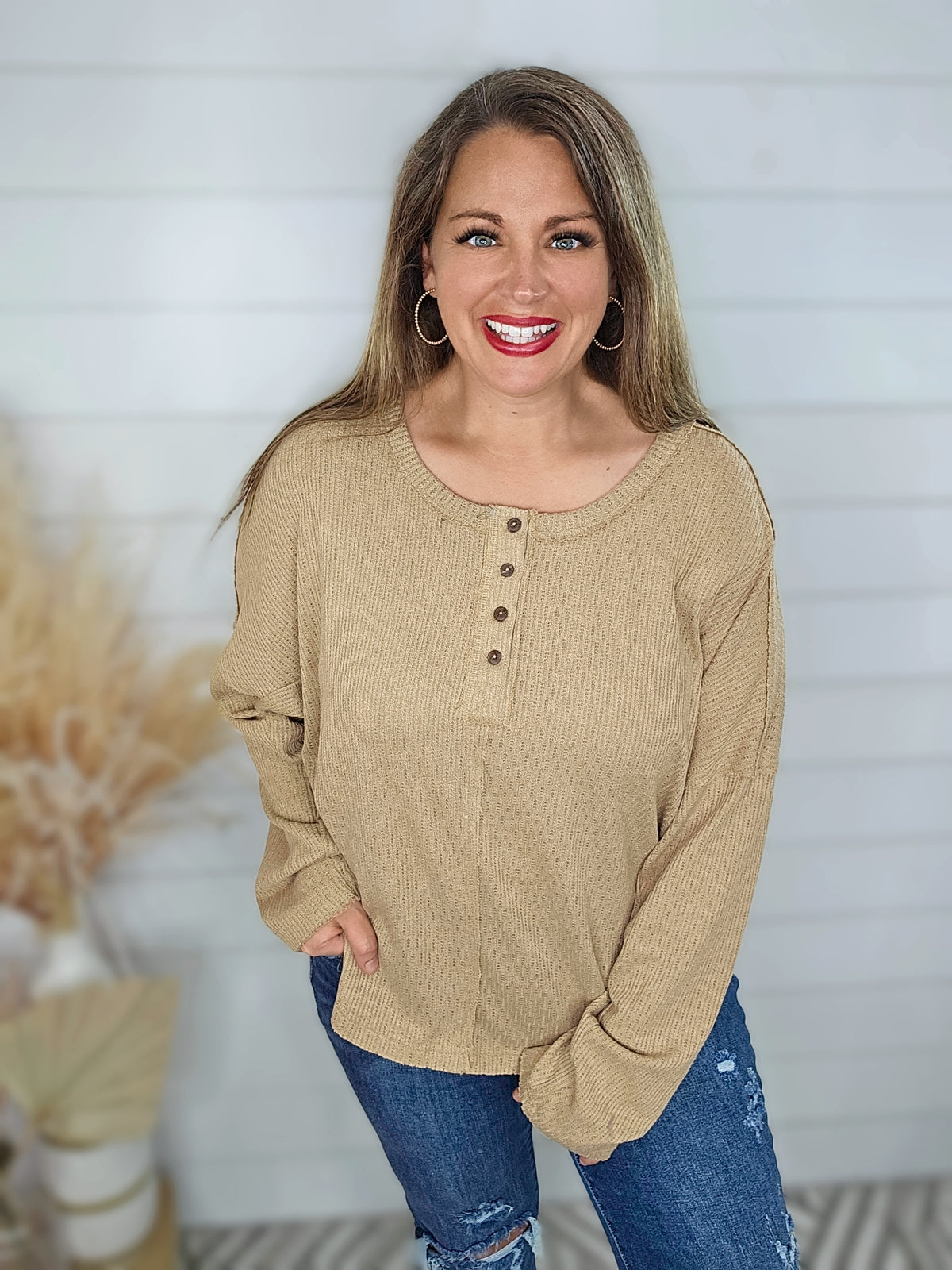 MOCHA OVERSIZED HENLEY TOP