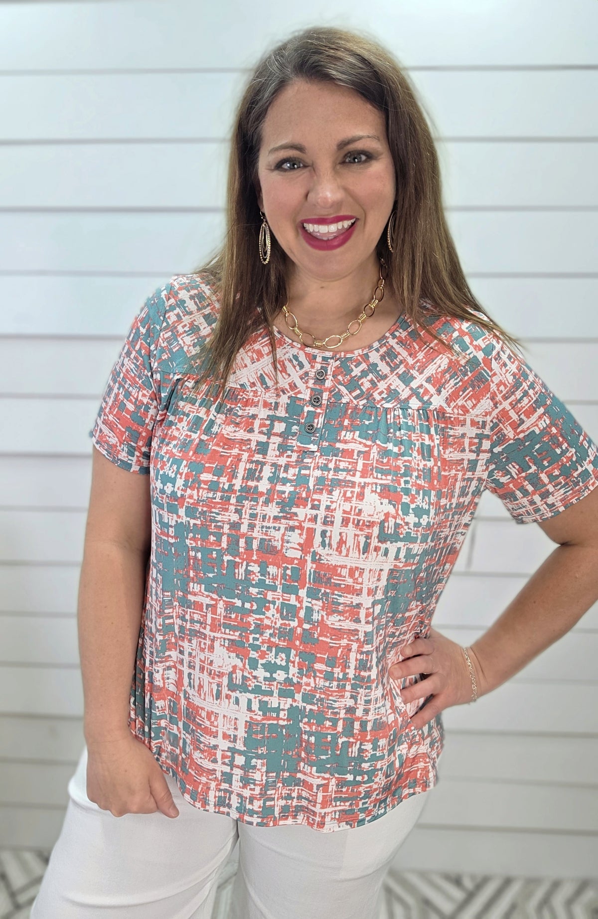 CORAL/SAGE PRINTED FAUX BUTTON KNIT TOP