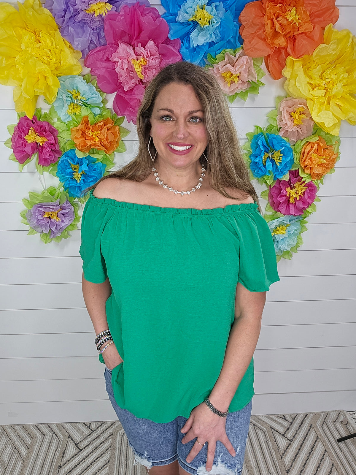 KELLY GREEN AIR FLOW OFF THE SHOULDER TOP