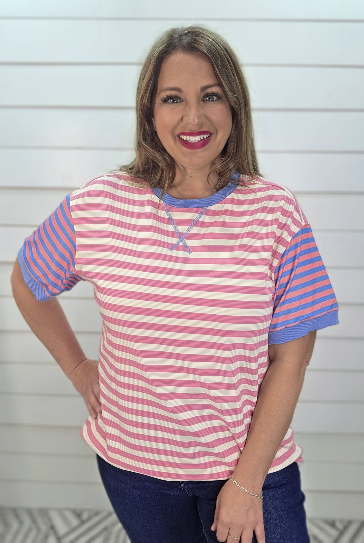 PINK STRIPED KNIT TOP W/ CONTRAST KNIT SLEEVES