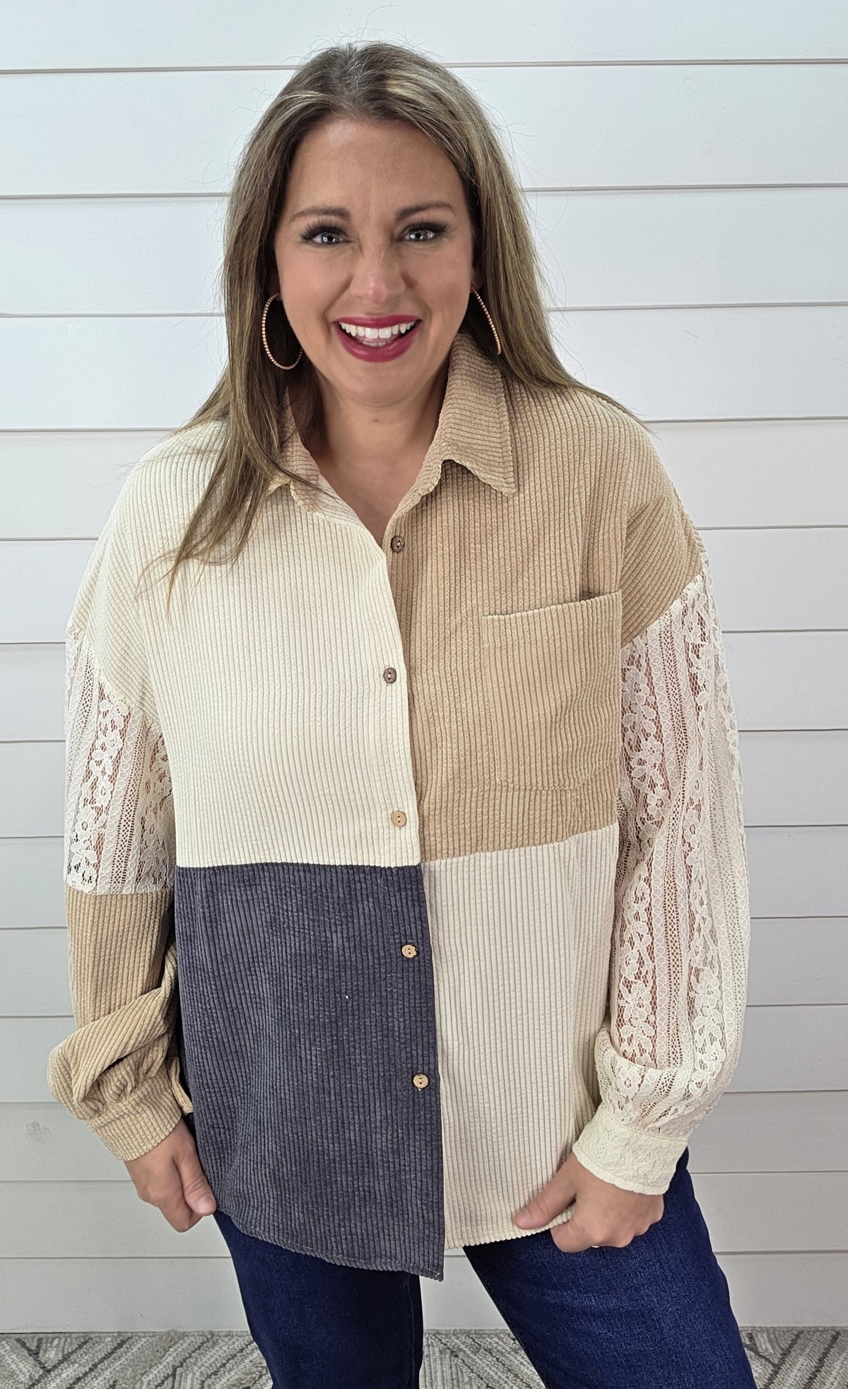 TAUPE/BEIGE/CHARCOAL CORDED/LACE BUTTON UP TOP