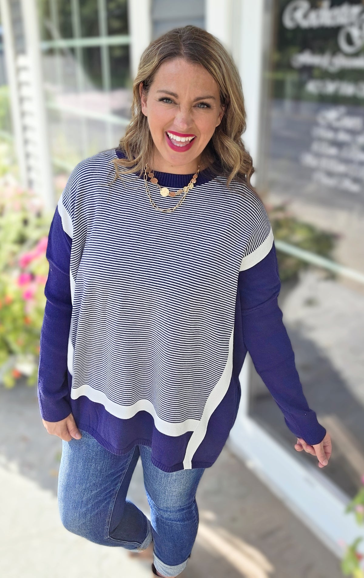 BLUE STRIPED/COLORBLOCK DOLMAN TUNIC SWEATER