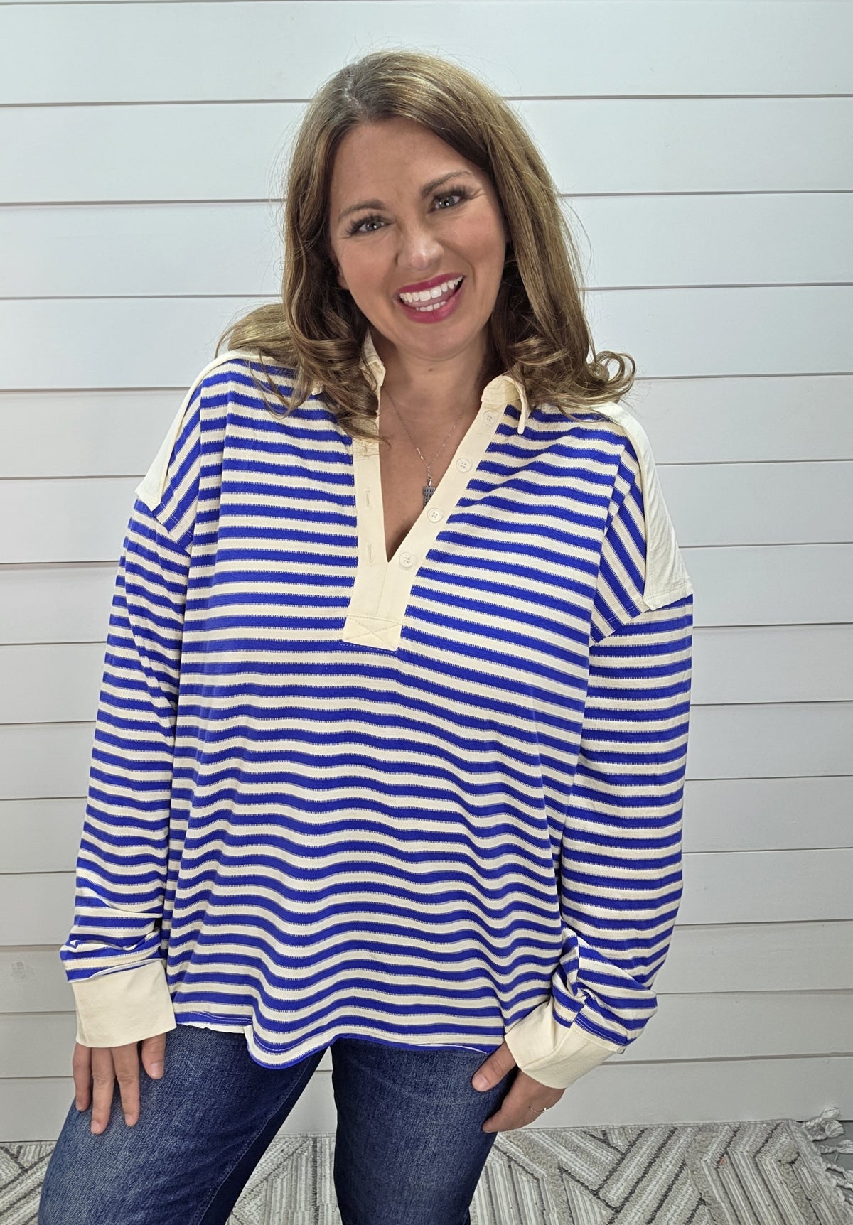 BLUE LOOSER FIT STRIPED LONG SLEEVE TOP