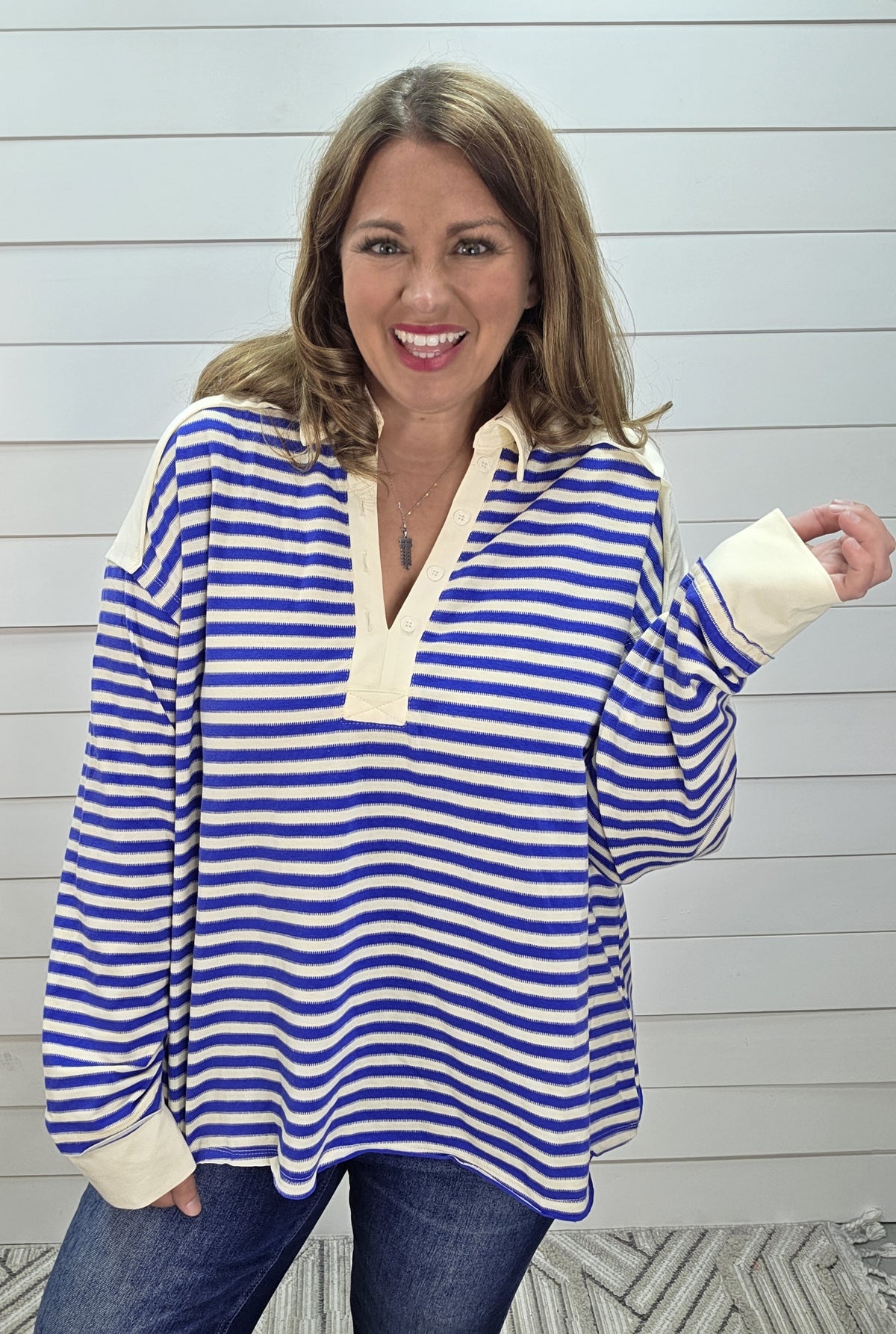 BLUE LOOSER FIT STRIPED LONG SLEEVE TOP