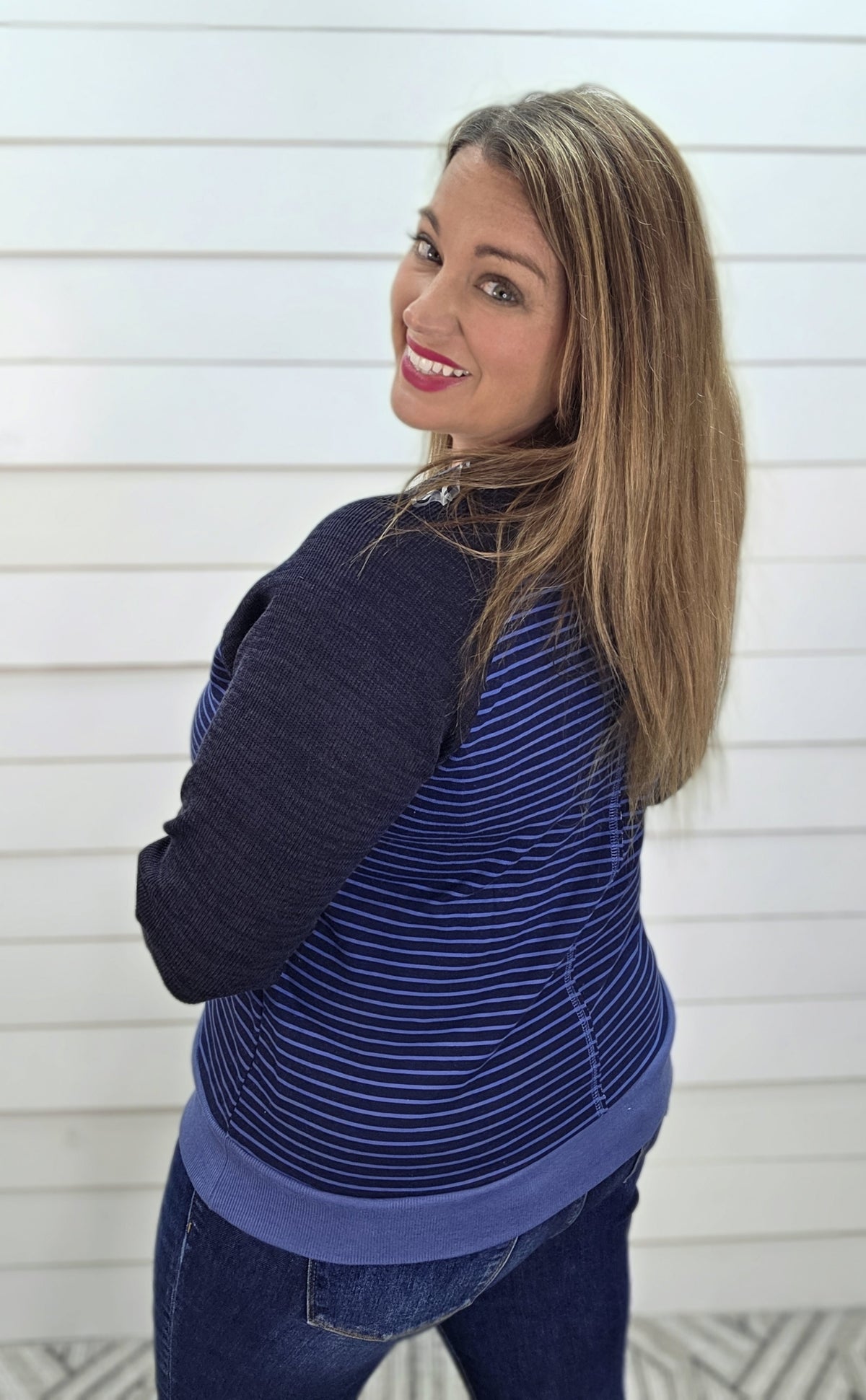 BLUE Crew Neck, Raglan Sleeve, Stripe Mix Media Sweatshirt