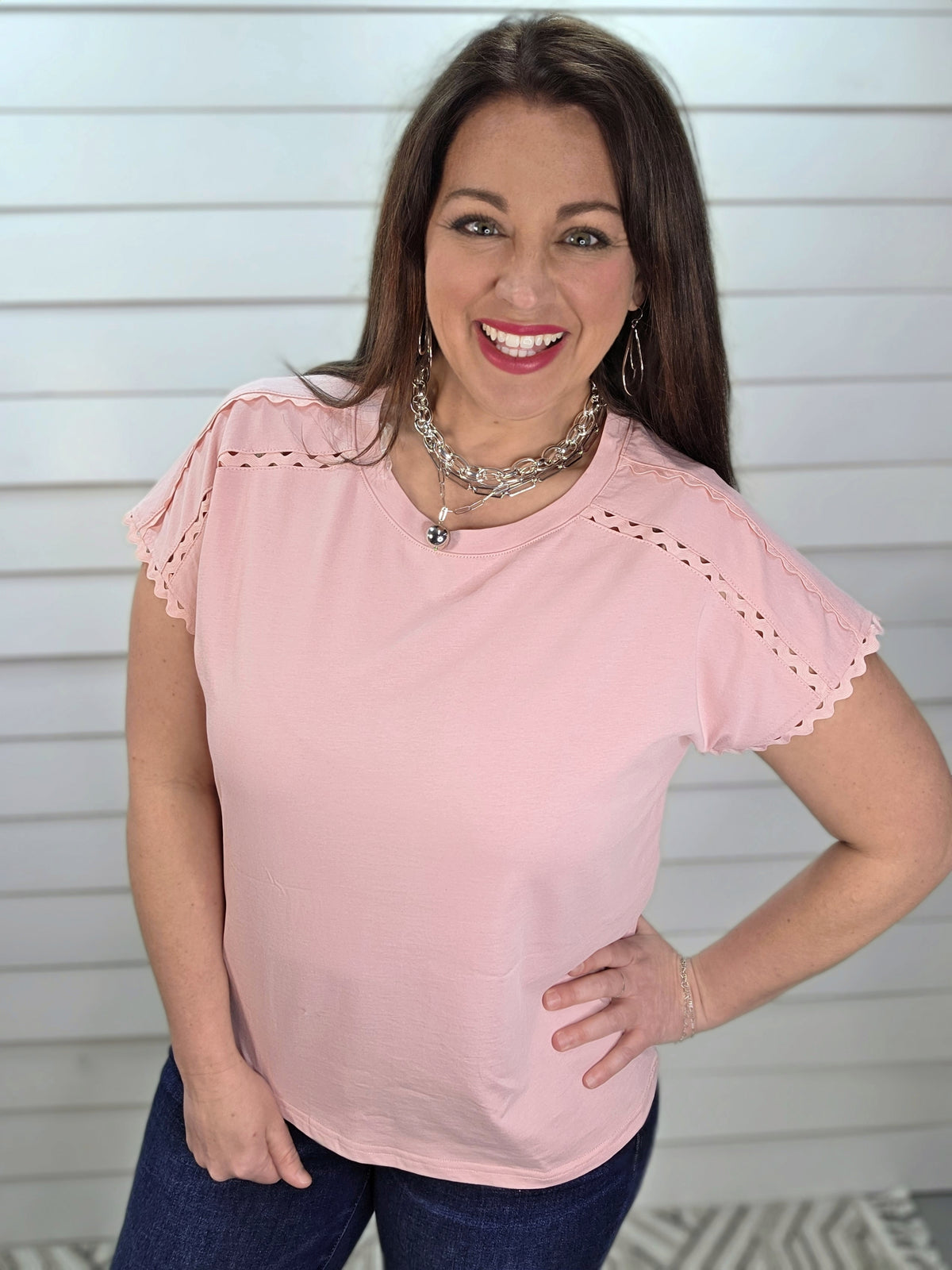 BLUSH RIC RAC TRIM DROP SHOULDER SHORT SLEEVE COTTON TOP