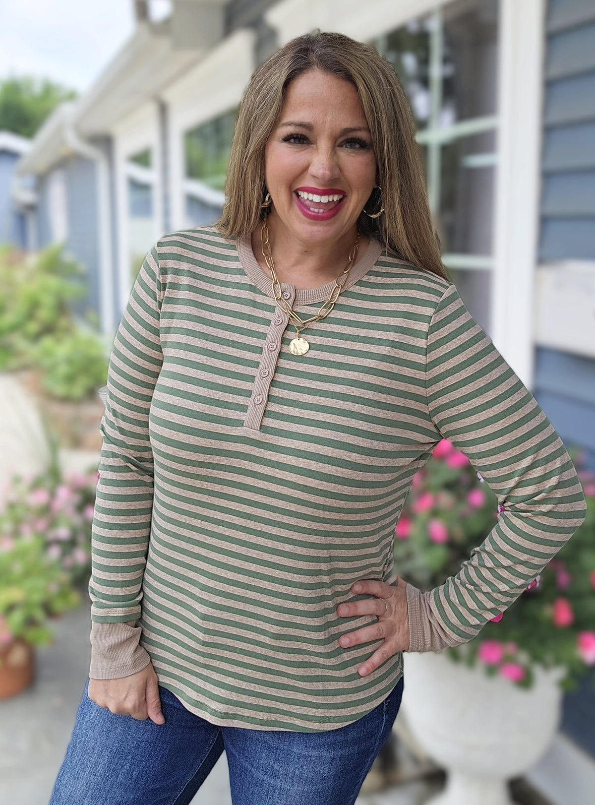 OLIVE/MOCHA STRIPED BUTTON HENLEY KNIT TOP