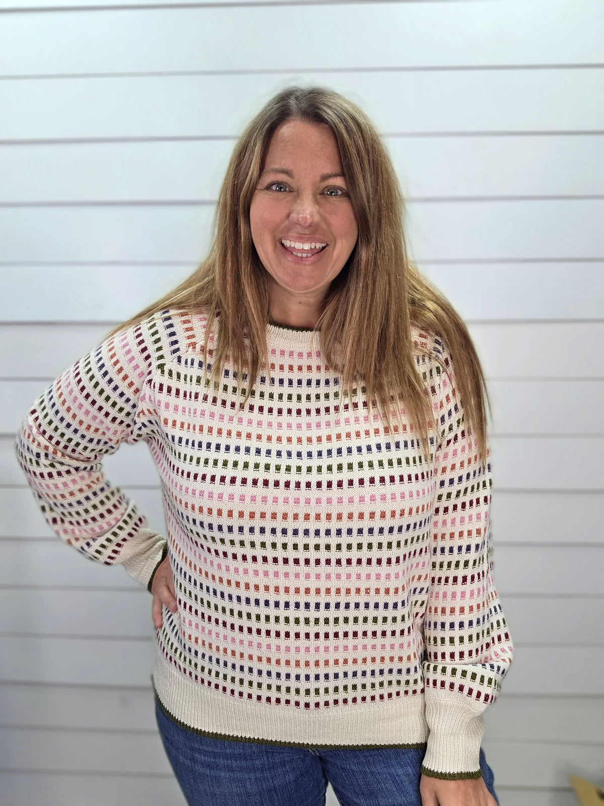 Ivory Multi Color Texture Striped Crew Neck Long Balloon Sweater