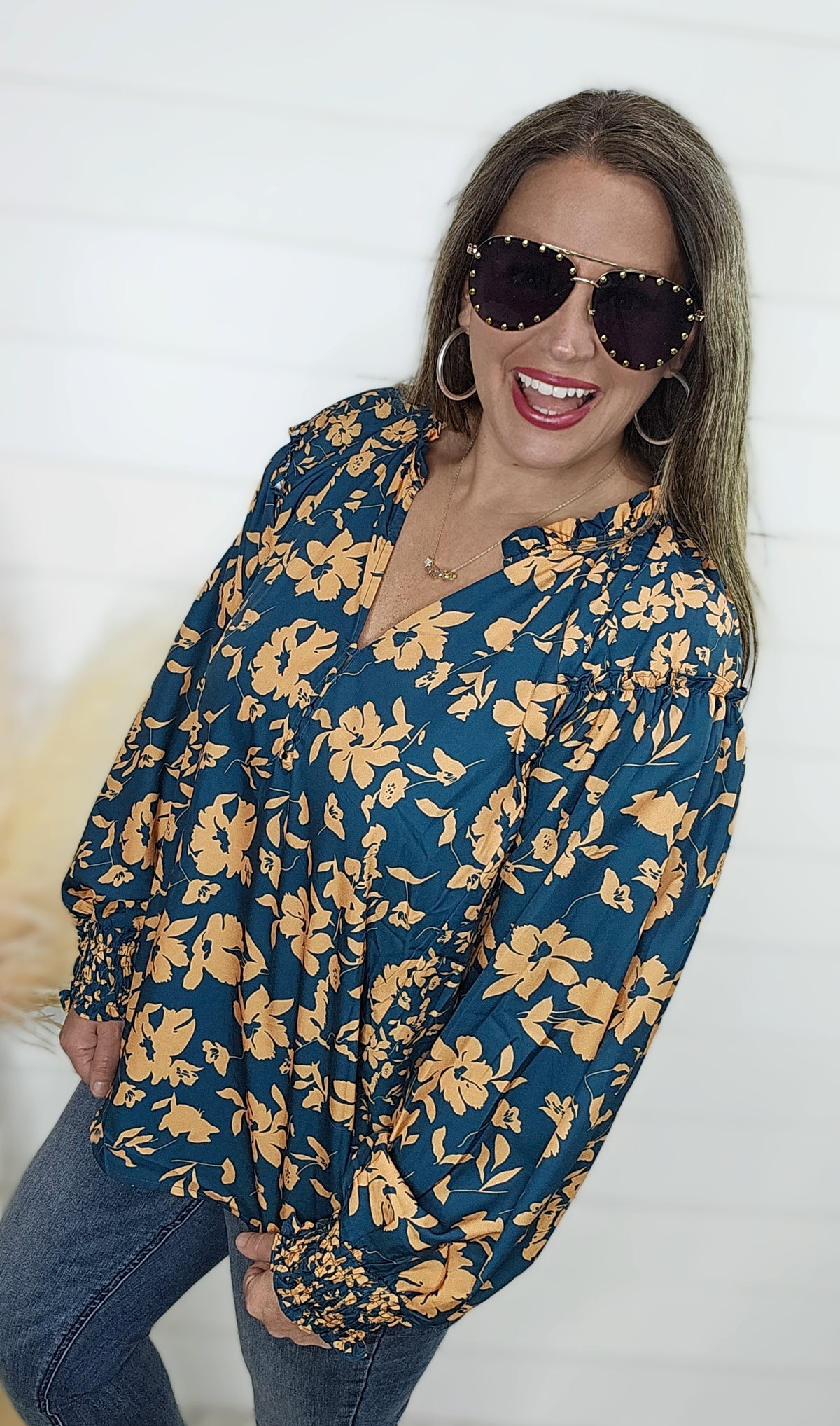 TEAL /ORANGE FLORAL BUTTON BLOUSE