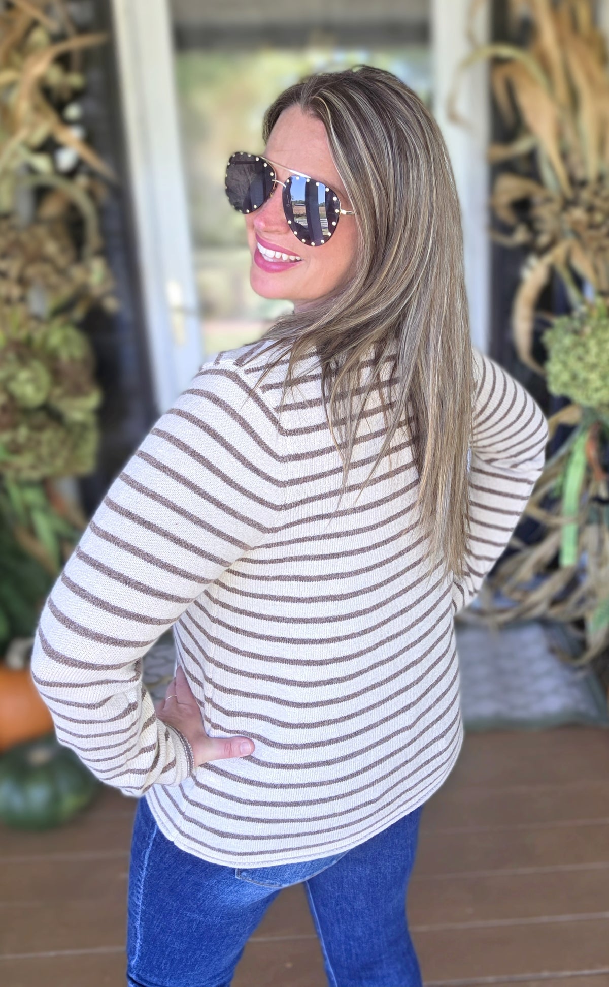 OATMEAL/COPPER STRIPED KNIT SWEATER