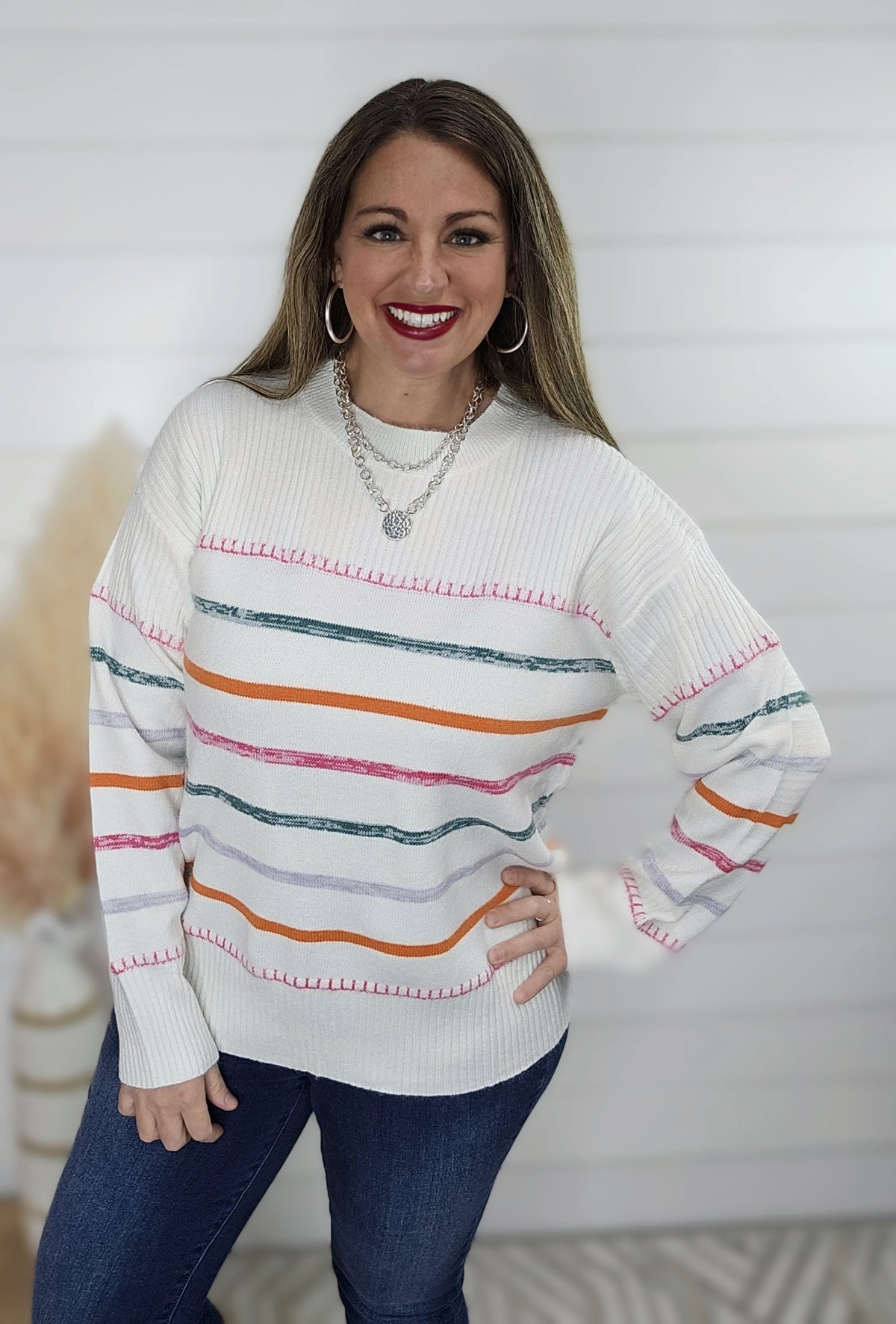 WHITE MULTI STRIPED CREW NECK SWEATER